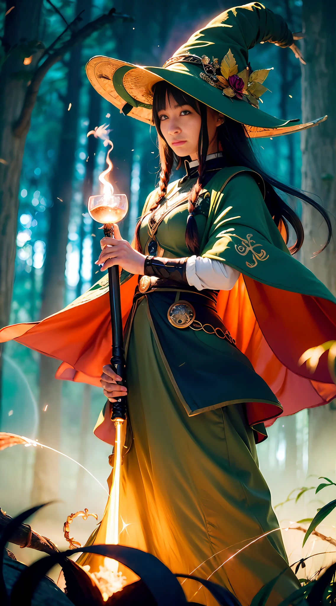 ((画质tag:"eightk" "bestquality" "masterpiece" "ultra-detailed" "fluttering" "watercolor" "vibrant" "soft"), (画风tag:"anime" "fantasy" "mystery" "charming" "whimsical"),
(主体描述:"a witch and a warrior team up to explore a mysterious magical world. The witch possesses powerful magic, yet is troubled by her past; the warrior has exceptional combat skills, but harbors doubts towards the witch."),
(场景描述:"a moonlit night, misty, enchanting forest with glowing fireflies, twinkling stars, and sparkling magic, casting an otherworldly effect. A glimmering cauldron smokes with magical mist. The witch stands with her staff in the foreground as the warrior stands behind her, looking out fearlessly into the unknown."),
(人物描述:(1girl), (witch:1.2+warrior), (bright green eyes:1.3+sharp gaze:1.2+stern face:1.2)+(ambivalent emotions:0.8), (long flowing hair:1.3+black hair:1.2), (witch's hat:1.1+armor:1.2+cloak), (witch's staff:1.1), (warrior's sword:1.1+shield), (smoke and magic trailing:1.2)),
(embedding tag: "fantasy animals", "magic symbols", "enchanted flora and fauna",