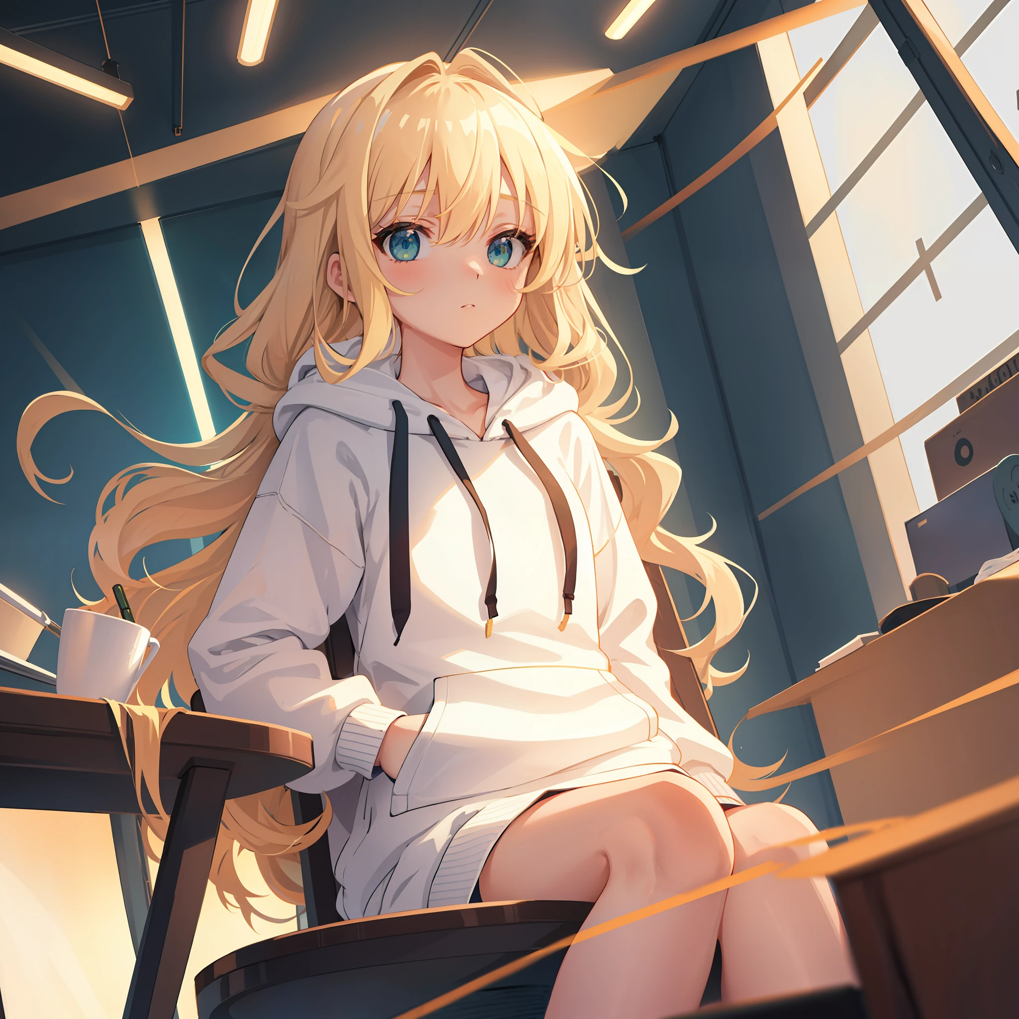 Masterpiece, best quality, strong outlines, closeup to a girl sitting in a chair desk, portrait, 1girl, loli, (solo), solo focus, face focus, blonde super long hair, beige color hair, wavy hair, beautiful detailed eyes, green eyes, (oversized hoodie, white hoodie), bedroom, backlight, close view, low perspective, (8k)