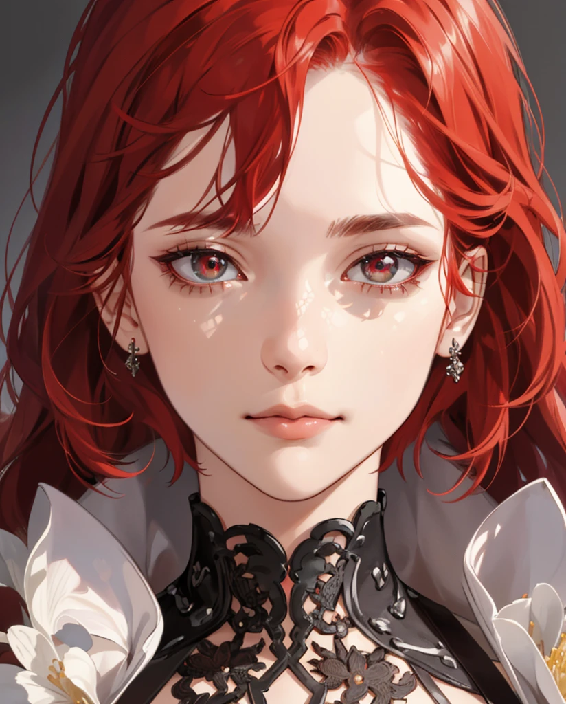 (absurd, highres, ultra detailed), 1girl, mature woman, intricate details, enlarged textures, intricate details, finely detailed eyes and detailed face, intricate details, red hair, (closed mouth), perfect eyes, matching eyes
