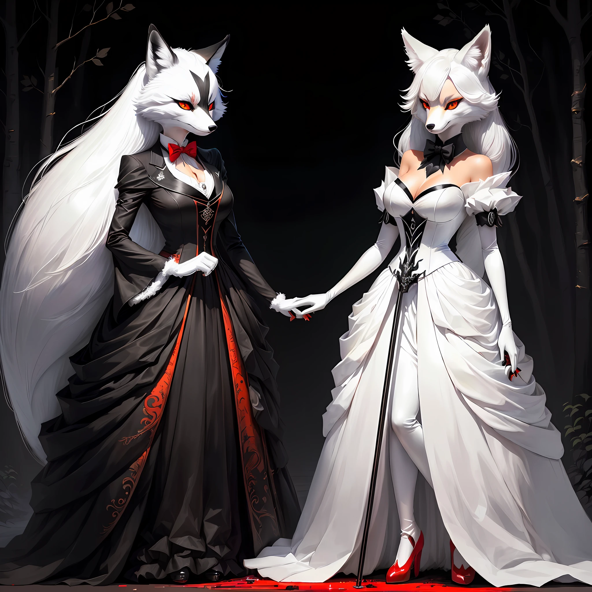 White and black fur anthropomorphic female fox in tuxedo, with different eye colors on cane, with red glow in eyes, two hands, looking fierce, dark iron forest background