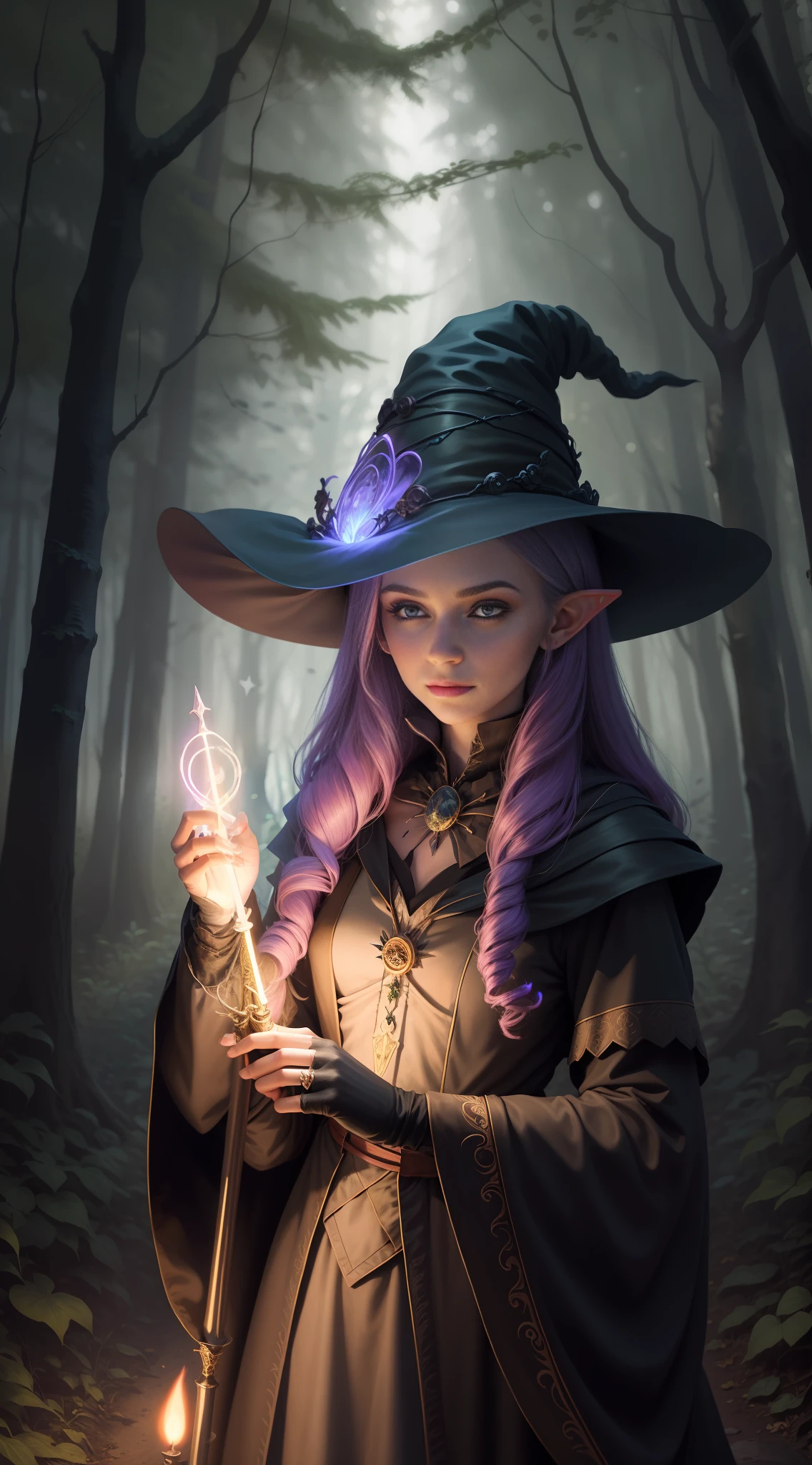 Witch holding a glowing wand in the forest, portrait of a witch, young witch, witch, beautiful witch, beautiful witch, portrait female elf wizard, beautiful wizard, beautiful witch, portrait of a witch wizard, wizard magic witch, beautiful witch, fantasy mage, female mage