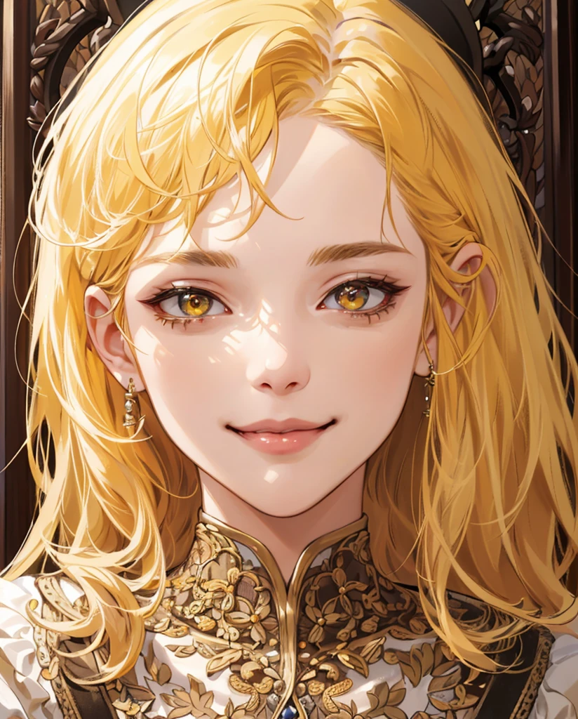 (absurd, highres, ultra detailed), 1girl, mature woman, intricate details, enlarged textures, intricate details, finely detailed eyes and detailed face, intricate details, honey yellow hair, (closed mouth), perfect eyes, equal eyes, smiling mouth shut