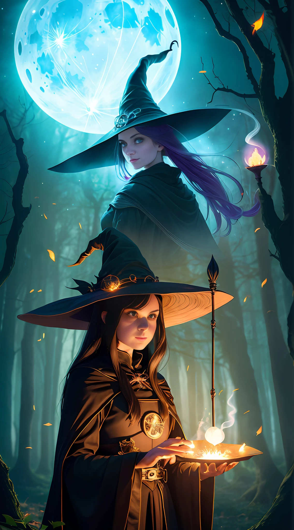 (Scene description: &quot;A moonlit night, shrouded in mist, an enchanted forest, glowing with glowworms, twinkling stars, and sparkling magic, creating an otherworldly effect. Magical mist rises from a gleaming cauldron. The witch holds her The cane stands in the foreground, and behind her is the phantom of her mentor looking fearlessly into the unknown.&quot;), (Character description: (1girl), (witch:1.2+witch), (Bright green eyes: 1.3+Sharp gaze: 1.2+serious face: 1.2 )+(ambivalent emotions:0.8), (flowing long hair:1.3+black hair:1.2), (witch&#39;s hat:1.1+armor:1.2+cloak), (witch&#39;s staff: 1.1),, (smoke and magic trailing:1.2)), background blur: 1.5 (embedding tag: &quot;fantasy animals&quot;, &quot;magic symbols&quot;, &quot;enchanted flora and fauna&quot;,