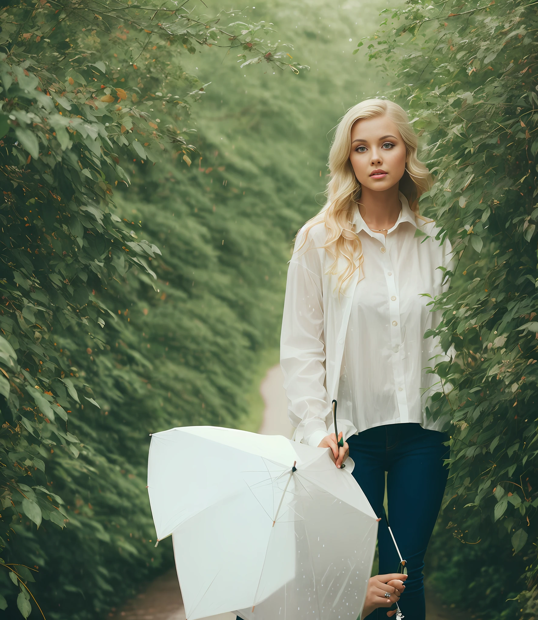 blonde woman in white shirt holding umbrella walking through a forest, pretty girl standing in the rain, girl walking in forest, under large green umbrella, in a rainy environment, stood in a tunnel, raining portrait, photo still, amongst foliage, inspired by Oleg Oprisco, environmental portrait, portra 8 0 0 ”, in green forest, promo shot, under rain