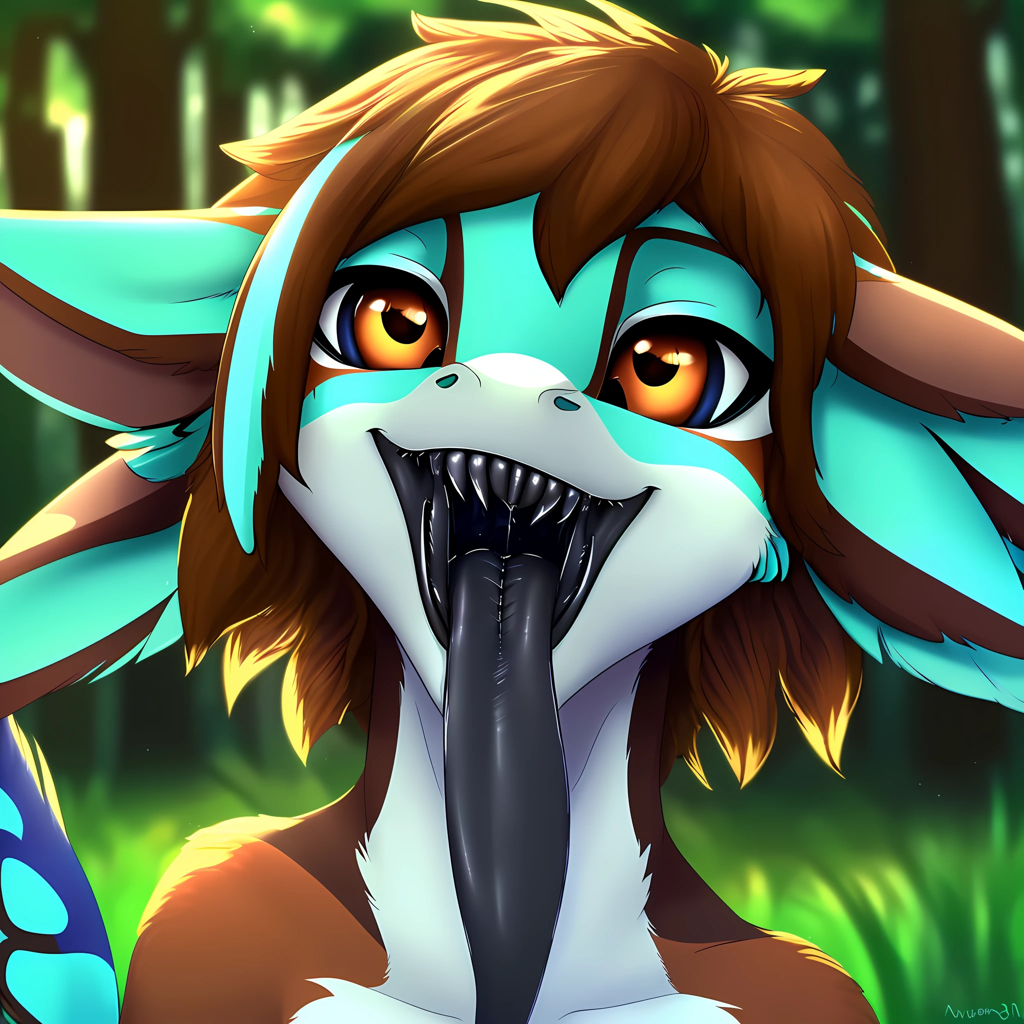 solo, female, fluffy fur, mouth open, saliva, avali, ((portrait)), (outdoor: 1.35), (sunny, clear sky, trees, forest, grass):1.45, detailed background, avali, solo, avali female, 8k hd, (dark shadows, wide dynamic range, hdr, low light: 1.2), (short hair):1.5, (multicolor fur, red fur, blue fur, brown fur, cyan fur, long tail, 4 ears, avali,:1.4) (maw focused:1.2) (detailed maw:1.3), (closeup, wide mouth:1.5), sharp canines:1.1), (long tongue:1.2), (mawshot:1.6), (black tongue:1.3)