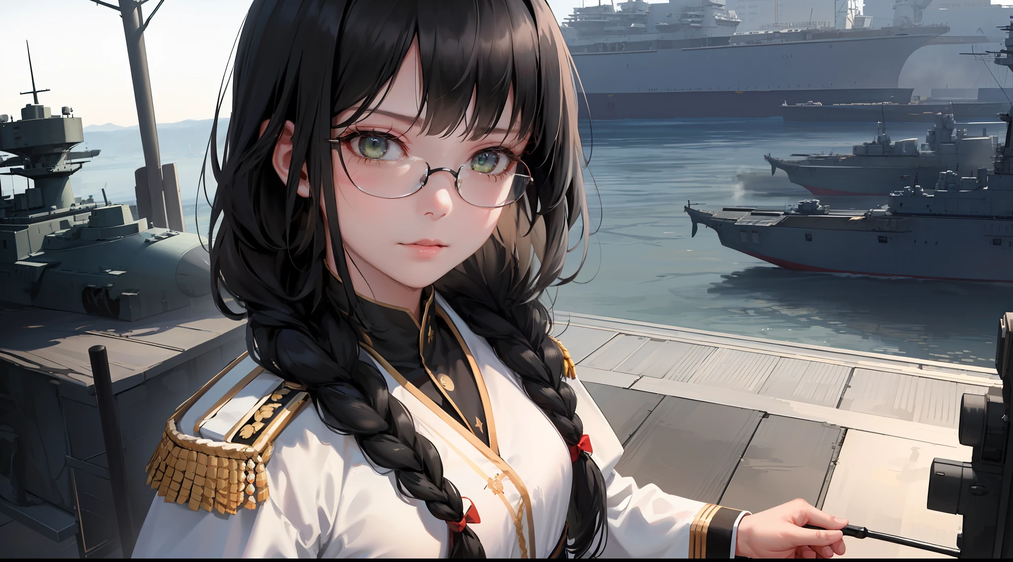 Modest outfit, remote shot, detailed beautiful delicate face, detailed beautiful delicate eyes, perfect facial proportions, high-definition skin, fine skin, four-inch best ratio. With one thumb, a masterpiece, highly detailed, realistic, (World War II German general uniform reference : 1.8), the highest face resolution, adult, modestly dressed woman, dressed entirely, ( small, Black hair, black straight bangs, super detailed double braids, straight bob bangs, red glasses, dark green eyes), future world, science fiction, warship, standing on aircraft carrier, government agency, deep intelligent personality, calm expression, respectful face, war, warplane