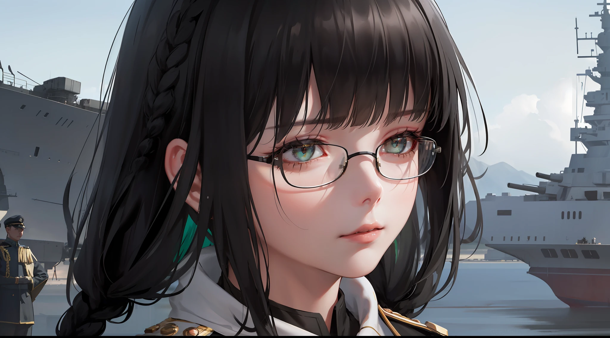 Modest outfit, remote shot, detailed beautiful delicate face, detailed beautiful delicate eyes, perfect facial proportions, high-definition skin, fine skin, four-inch best ratio. With one thumb, a masterpiece, highly detailed, realistic, (World War II German general uniform reference : 1.8), the highest face resolution, adult, modestly dressed woman, dressed entirely, ( small, Black hair, black straight bangs, super detailed double braids, straight bob bangs, red glasses, dark green eyes), future world, science fiction, warship, standing on aircraft carrier, government agency, deep intelligent personality, calm expression, respectful face, war, warplane