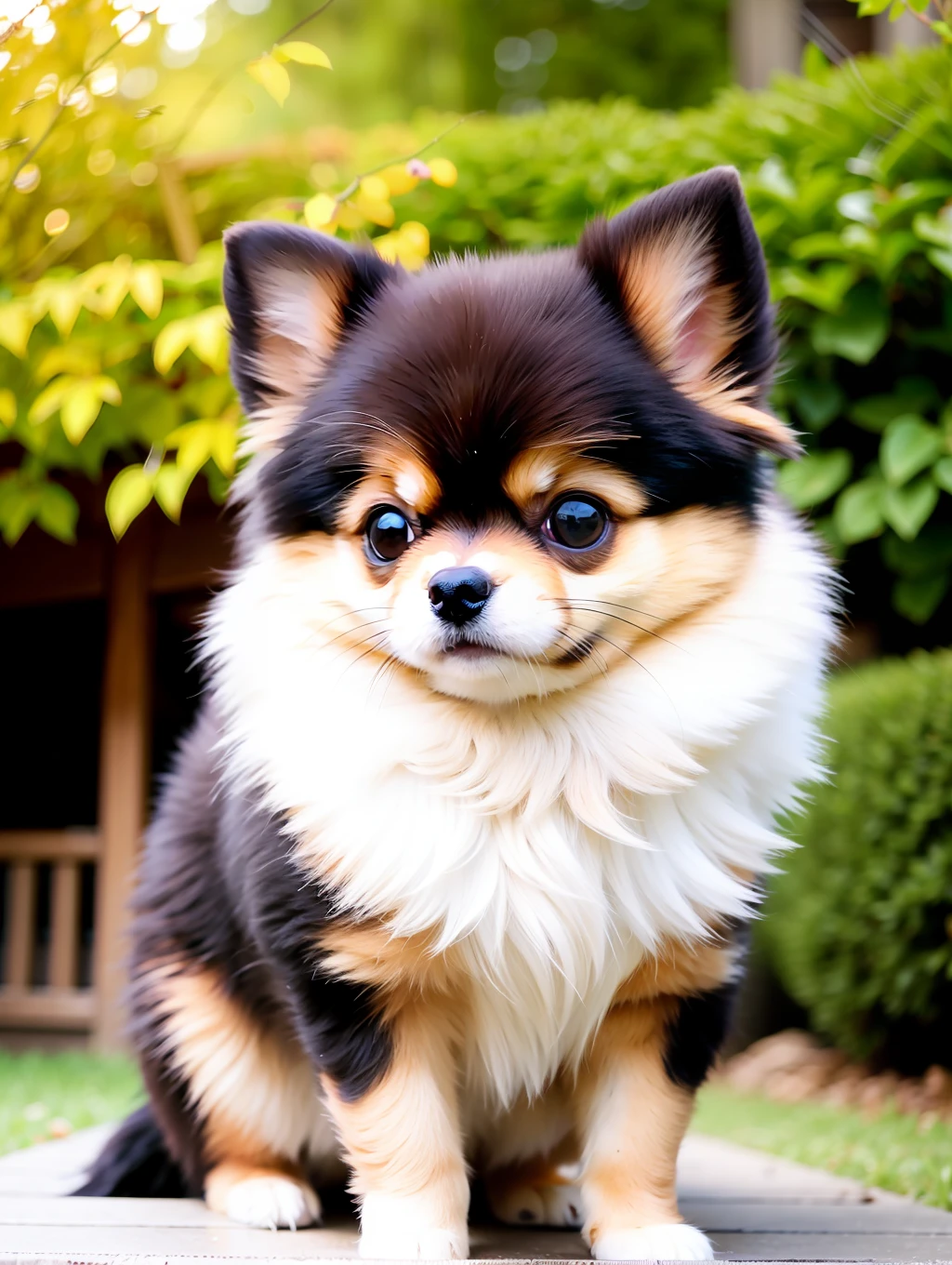 Pomeranian sitting in front of the house, close up, realistic, 8k, Japan