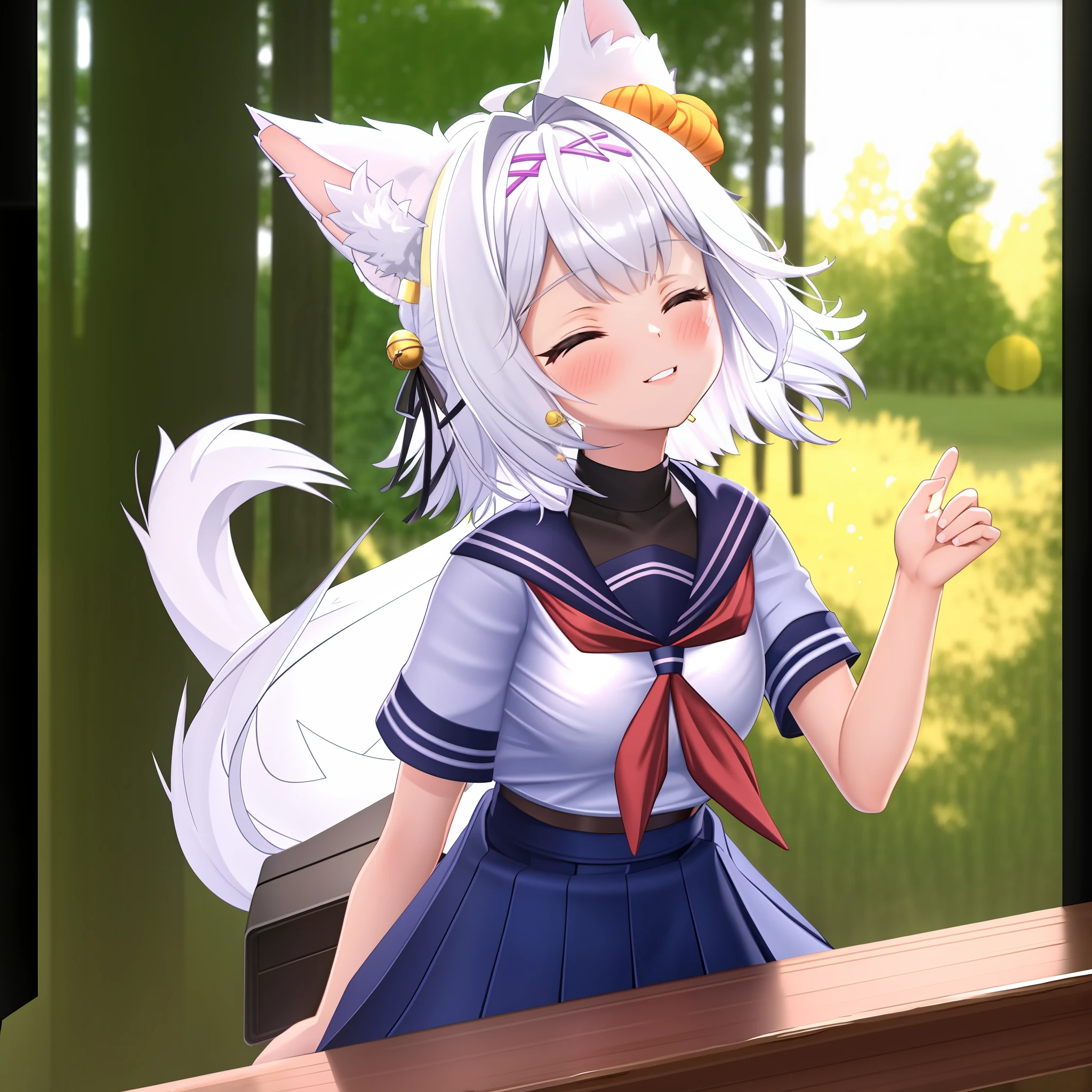 Filian, cat ears, fluffy cat tail, masterpiece, best quality, CG, wallpaper, HDR, high quality, high-definition, extremely detailed, close up, solo, dynamic pose, full body, small breast, cute face, hair tie, bells in hair, school uniform, hdr, ray tracing, breast, ((forest background))