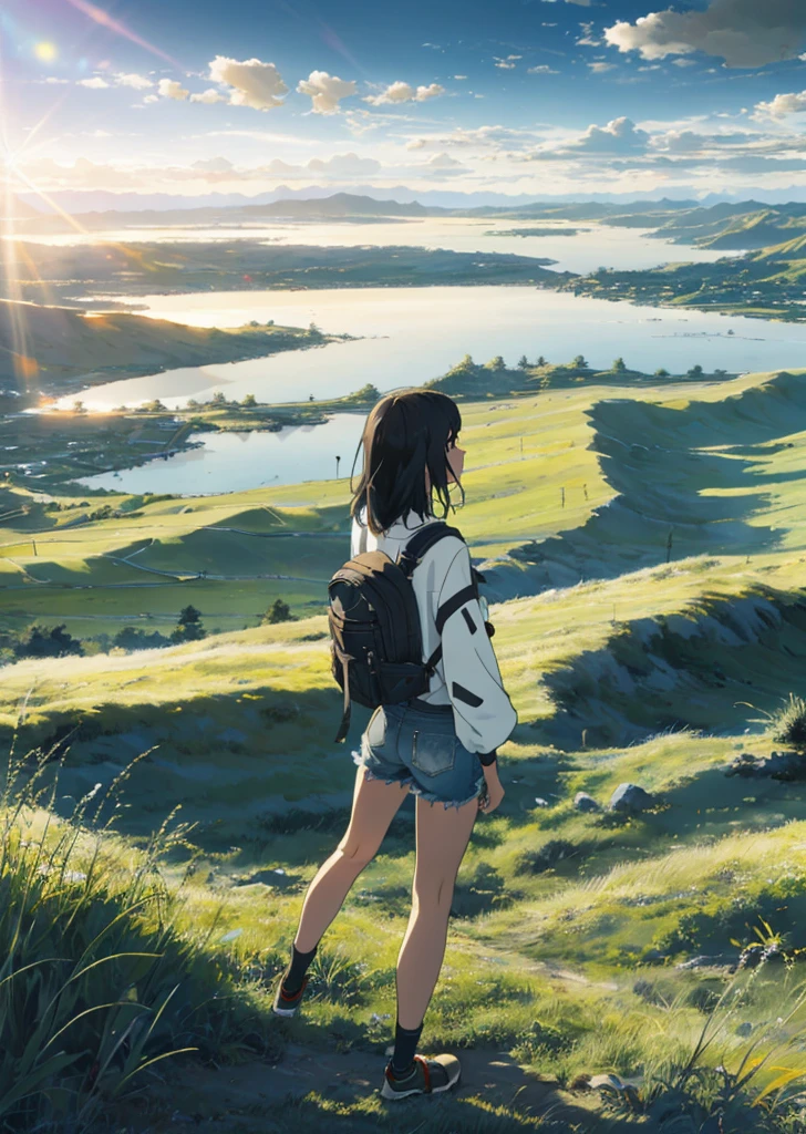 The vast sky, beautiful skyline, large grasslands, extremely tense and dramatic pictures, moving visual effects, the high-hanging Polaris, and colorful natural light. A long-sleeved top, denim shorts, and a girl with a backpack.