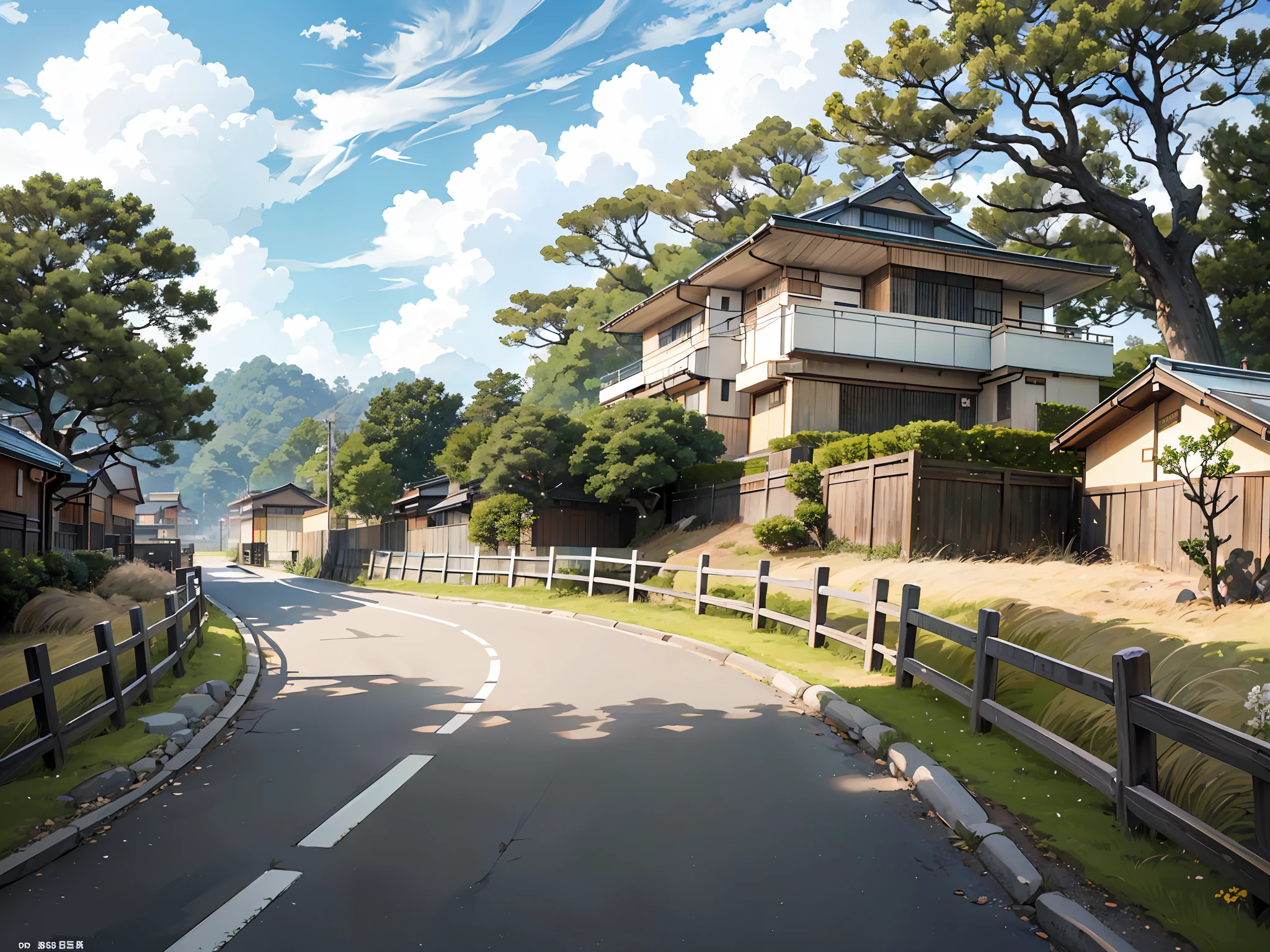 (Japanese modern Landscape), (Hayao Miyazaki Style), japanese modern house, road, bend, small house, tree, pole, white cloud, landscape, outdoor, green trees, epic composition, realistic lighting, high-definition detail, masterpiece, the best quality, (very detailed CG unified 8k wallpaper), --v6