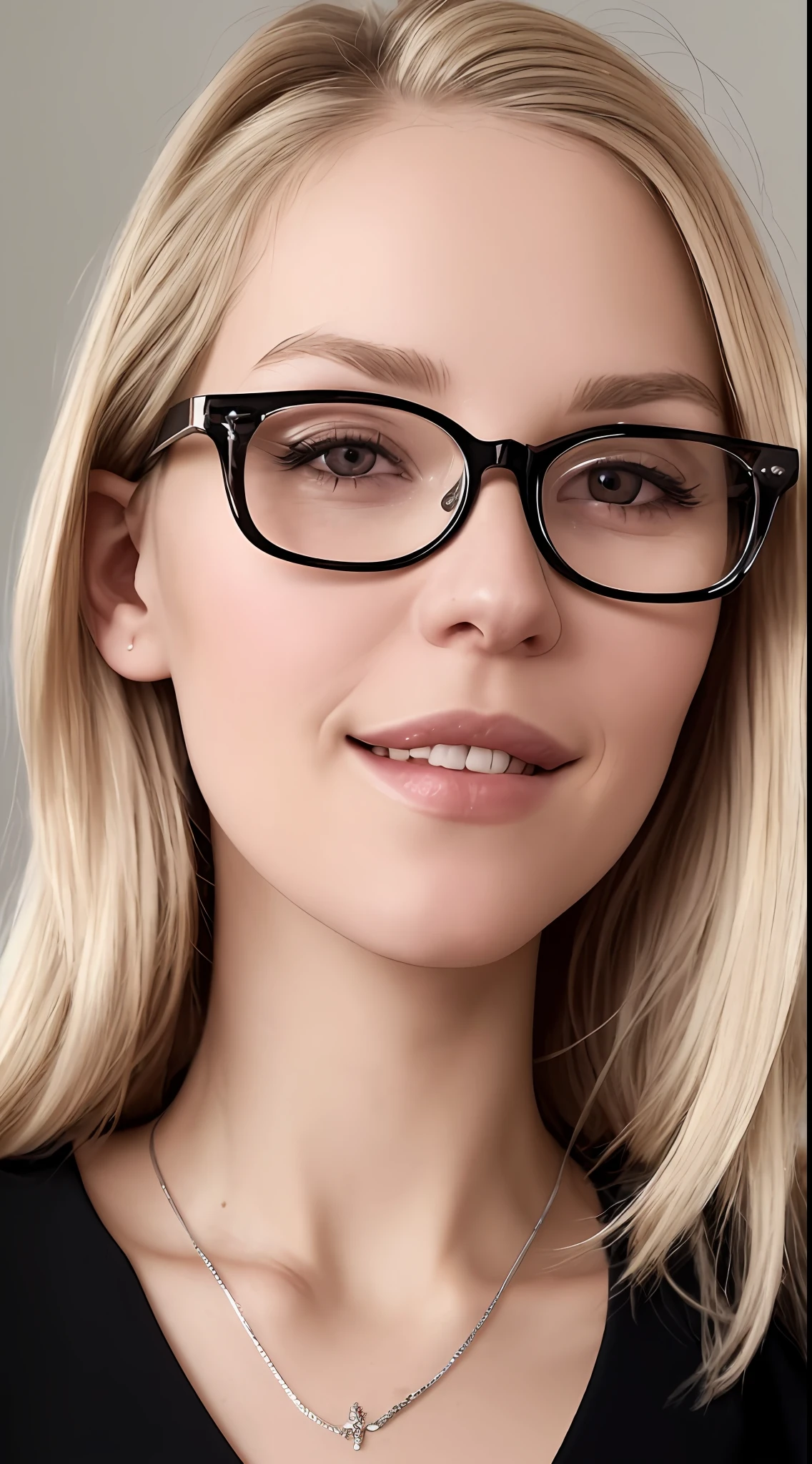 A close-up photograph of a slim Caucasian young woman with light blonde medium hair and wearing a pair of glasses which are very large and round had a thin silver frame