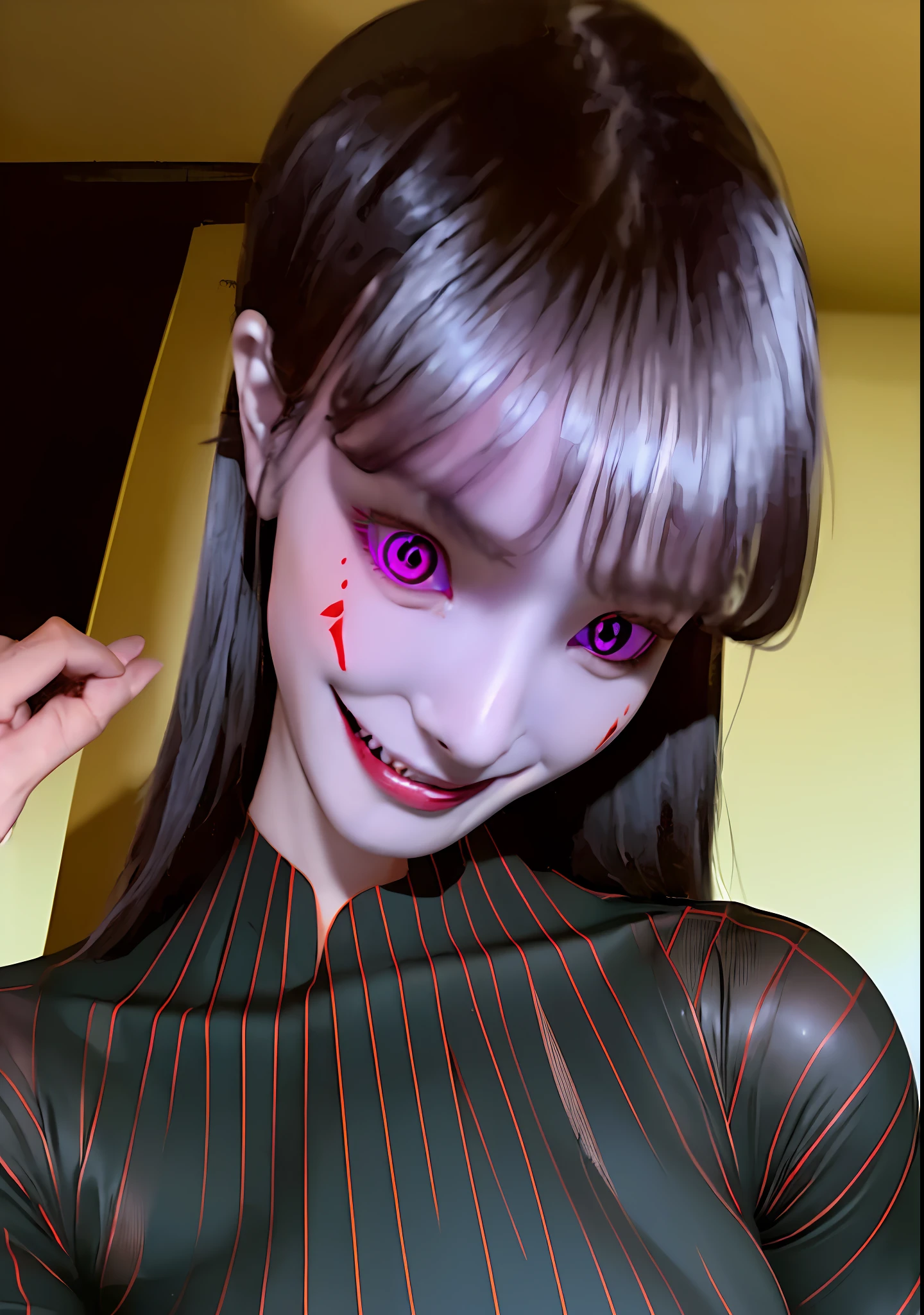 (Masterpiece, Best Quality), A colleague was brainwashed by the dark energy and became a demon, Dark energy, evil eyes, evil smile, dark girl, corruption girl, dark woman, evil energy, villain, villainess, full_body, whole body, (evil grin, coquettish grin,),