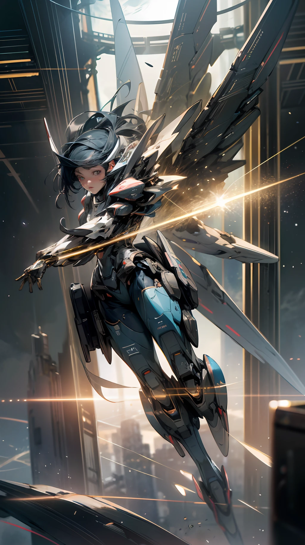 ((Best quality)), ((masterpiece)), (highly detailed:1.3), 3D, beautiful, (cyberpunk:1.2), in space, nebula, holding_weapon, laser, (1Female mecha:1.3), facing the audience, Glowing eyes, full body, (flying, swooping down, dynamic, motion blur: 1.4), (huge mech wings: 1.6), looking up, glowing_eyes, mecha, panorama, background is earth, nebula, space, particles, Reality, HDR (High Dynamic Range), Ray Tracing, NVIDIA RTX, Super Resolution, Unreal 5, Subsurface Scattering, PBR Textures, Post Processing, Anisotropic Filtering, Depth of Field, Maximum Clarity and Clarity, Multilayer Textures, Albedo and Specular maps, Surface shading, accurate simulation of light-material interaction, perfect proportions, Octane Render, two-tone lighting, large aperture, low ISO, white balance, rule of thirds, 8K RAW, efficient sub-pixel, sub-pixel volume product,