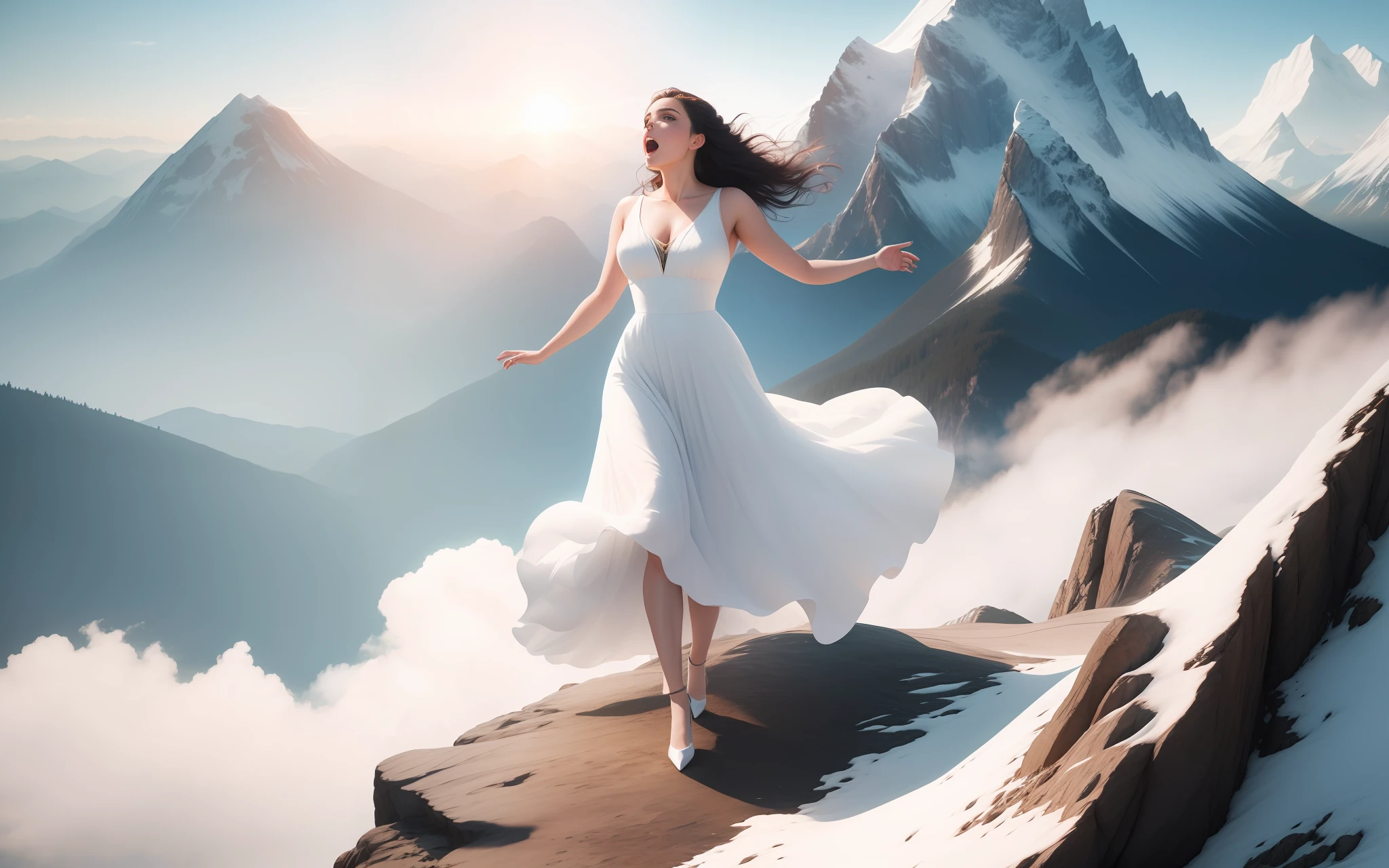 beautiful background,epic movie poster,professional photo, a beautiful young woman in a white dress, singing on a top of a mountain, background for wallpaper, shutterstock style, beautiful clear natural lighting, professional lighting, dramatic lighting, FOV