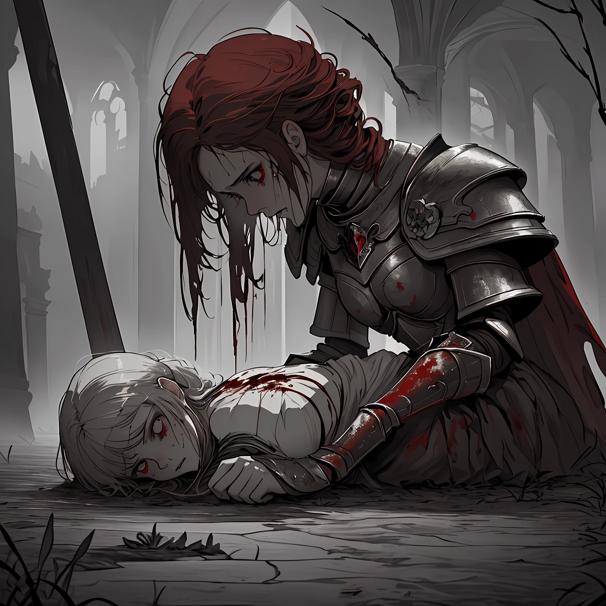 ((masterpiece)), best quality, ultra-detailed, extremely detailed, high resolution, emotional and melancholic art,(1garota), high-contrast darkness, blood-red stains, monumental armor, crying on the ground, devoured by deep sorrow, surrounded by death,(dead bodies):1.2, haunting atmosphere, intense emotions.