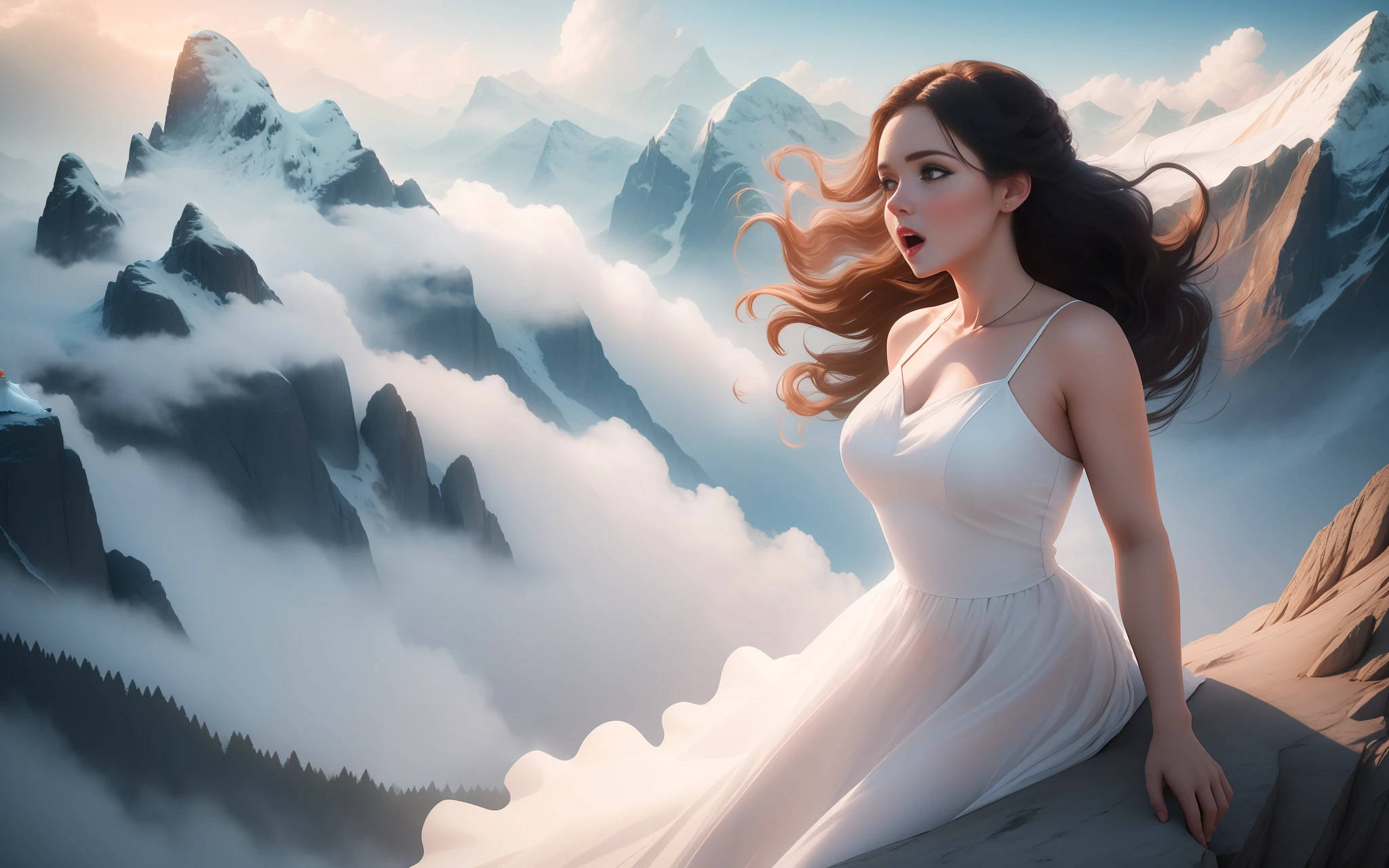 beautiful background,epic movie poster,professional photo, a beautiful young woman in a white dress, singing on a top of a mountain, background for wallpaper, shutterstock style, beautiful clear natural lighting, professional lighting, dramatic lighting, FOV
