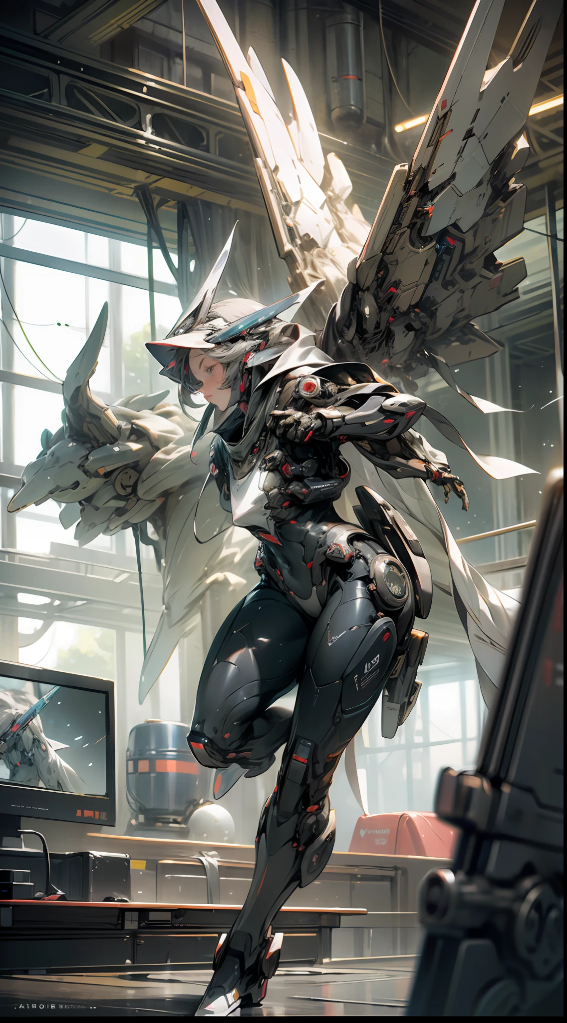 ((Best quality)), ((masterpiece)), (highly detailed:1.3), 3D, beautiful, (cyberpunk:1.2), in space, nebula, holding_weapon, (1Female mecha:1.3), facing the viewer, glowing eyes, full body, (flying, swooping down, dynamic, motion blur: 1.4), (huge mecha wings: 1.6), looking up, glowing_eyes, mecha, panorama, background is earth, nebula, space, particles, reality, HDR (High Dynamic Range), Ray Tracing, NVIDIA RTX, Super Resolution, Unreal 5, Subsurface Scattering, PBR Texturing, Post Processing, Anisotropic Filtering, Depth of Field, Maximum Clarity and Clarity, Multilayer Textures, Albedo and Specular map, Surface shading, accurate simulation of light-material interaction, perfect proportion, Octane Render, two-tone lighting, large aperture, low ISO, white balance, rule of thirds, 8K RAW, efficient sub-pixel, sub-pixel convolution,