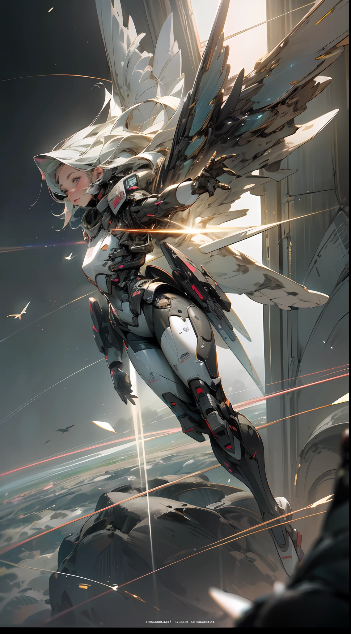 ((Best quality)), ((masterpiece)), (highly detailed:1.3), 3D, beautiful, (cyberpunk:1.2), in space, nebula, holding_weapon, (1Female mecha:1.3), facing the viewer, glowing eyes, full body, (flying, swooping down, dynamic, motion blur: 1.4), (huge mecha wings: 1.6), looking up, glowing_eyes, mecha, panorama, background is earth, nebula, space, particles, reality, HDR (High Dynamic Range), Ray Tracing, NVIDIA RTX, Super Resolution, Unreal 5, Subsurface Scattering, PBR Texturing, Post Processing, Anisotropic Filtering, Depth of Field, Maximum Clarity and Clarity, Multilayer Textures, Albedo and Specular map, Surface shading, accurate simulation of light-material interaction, perfect proportion, Octane Render, two-tone lighting, large aperture, low ISO, white balance, rule of thirds, 8K RAW, efficient sub-pixel, sub-pixel convolution,