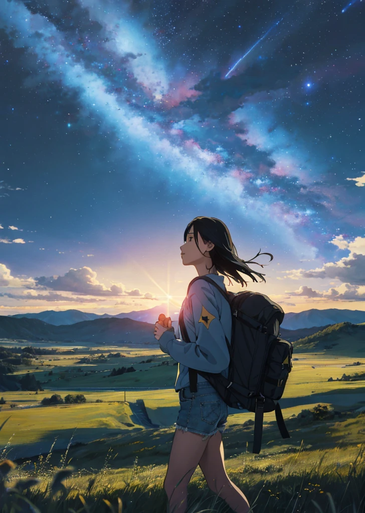 The vast starry sky, the beautiful skyline, the vast grasslands, the extremely tense and dramatic pictures, the moving visual effects, the high-hanging Polaris, and the colorful natural light. A long-sleeved top, denim shorts, and a girl with a backpack.