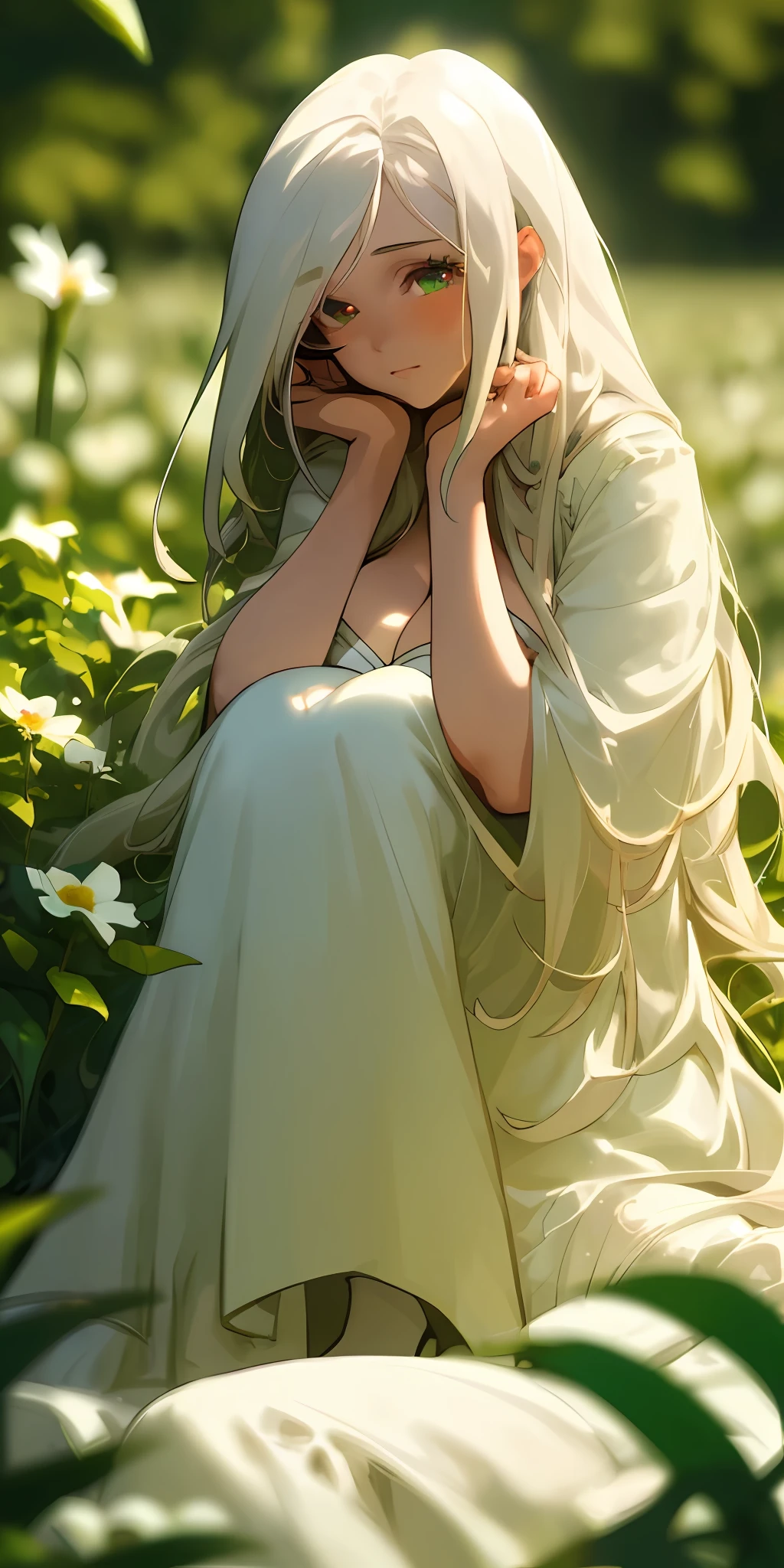 (masterpiece, best quality), 1 girl with long white hair sitting in a field of green plants and flowers, big breasts, beautiful eyes, looking at the camera, her hands under her chin, warm lighting, white dress , blurry foreground
