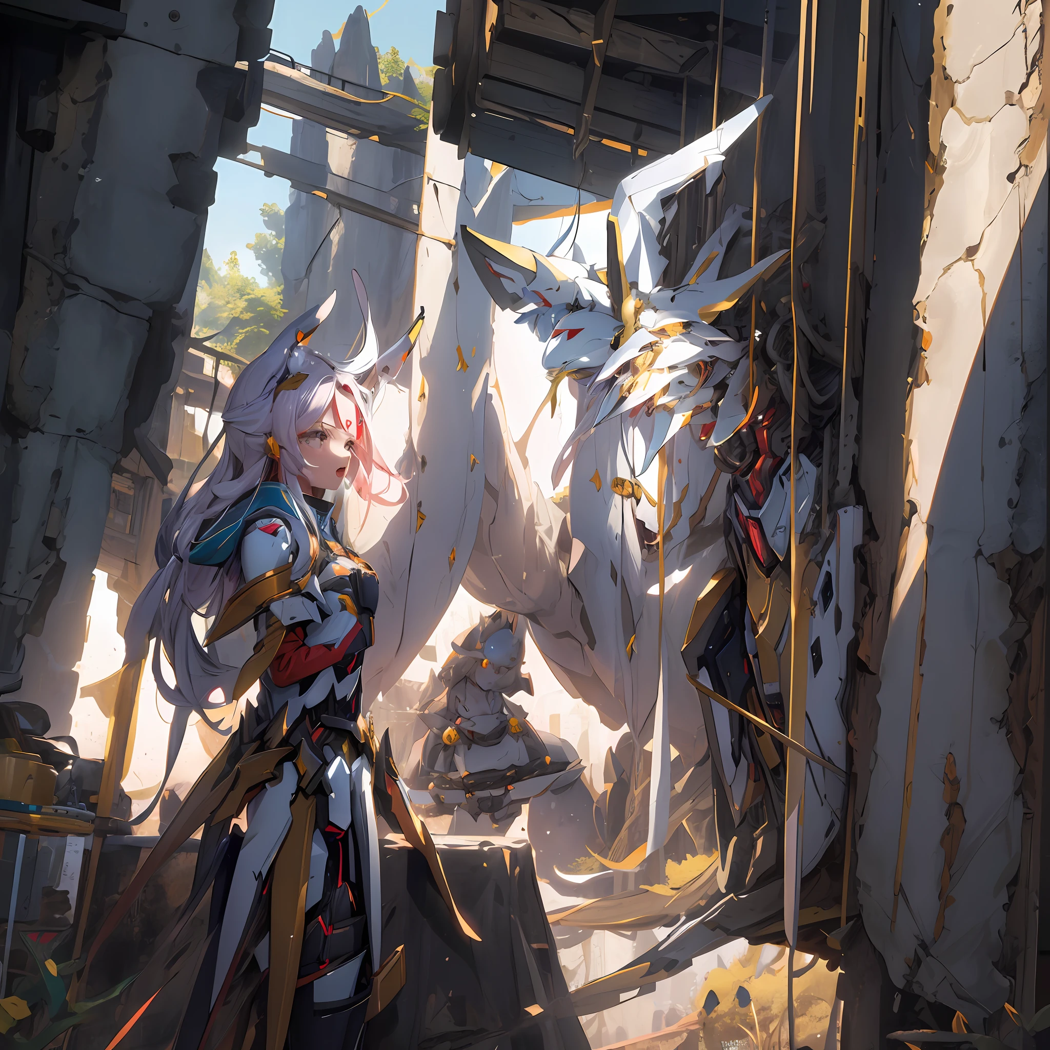 (Mecha girl, forehead hair, bare human thighs, bare human waist, small pointed chest, cleavage), detailed face, open mouth, (([champagne gold|red|black]_mecha:1.2)), masterpiece, most good quality, high quality, very detailed CG unity 8k wallpaper, high resolution, high quality, 8k, super detailed, super quality, detailed and complex, original, high resolution, best shadows, high lighting detail, perfect lighting , colorful, mecha musume, robotic arm, headgear, outdoors, galaxy, space station, standing, spread legs, arms, glowing, mysterious, charming, whimsical, playful, adventure, freedom, wonder, imagination, determination, skill, speed, movement , energy, realism, naturalism, metaphor, representation, beauty, fantasy culture, myth, fairy tale, folklore, legend, witch, wizard, magical creature, fantasy world, composition, scale, foreground, middle ground, background, perspective , light, color, texture, detail, beauty, wonder,