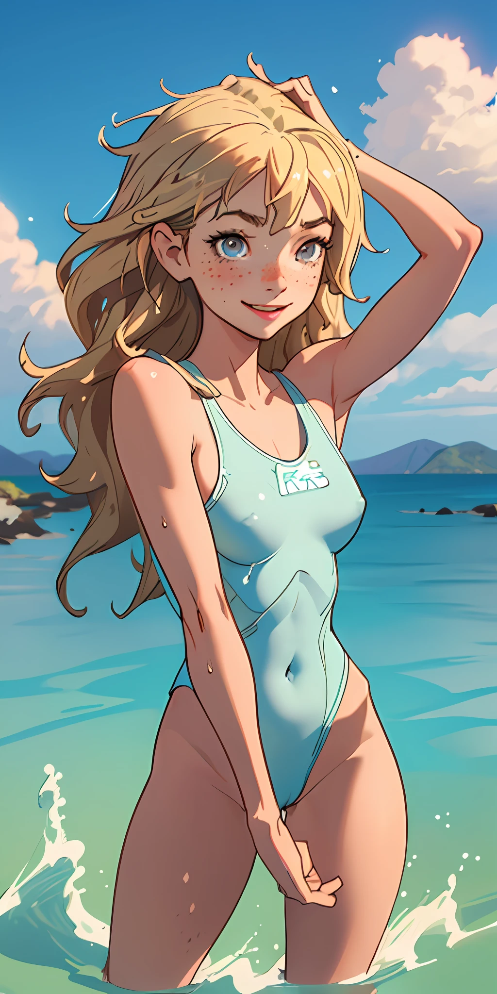 (best quality, masterpiece), 1girl, upper body, paw pose, smile, laughing, happy, ocean, highleg leotard, torn clothed, side , no bra, no pantes, spreas over head, blonde, freckles, blush, looking at viewer, wavy hair, long hair, cloud, splashing, waves, sun, mountain, wet, cameltoe, smug, thick thights, skimdentation, abs, toned body,