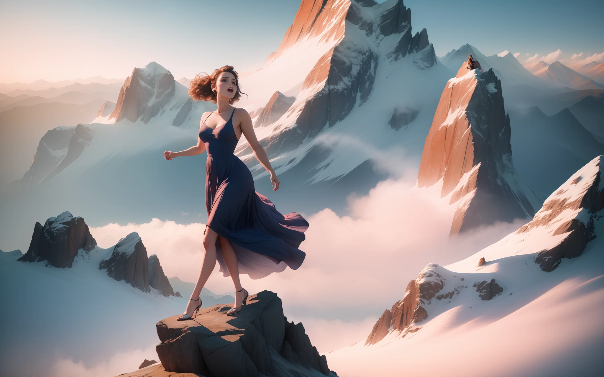 beautiful background,epic movie poster,professional photo, a beautiful young woman in a dress, singing on a top of a mountain, background for wallpaper, shutterstock style, beautiful clear natural lighting, professional lighting, dramatic lighting, FOV