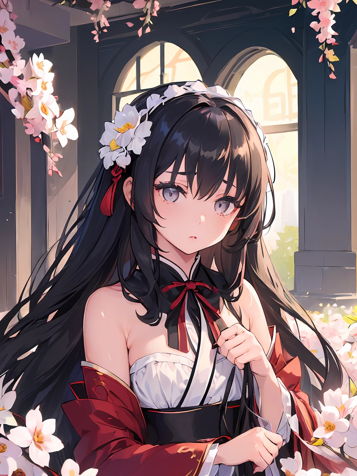 (***********:1.5),lace,ribbon,hanfu,(masterpiece, sidelighting, finely detailed beautiful gray eyes: 1.2), masterpiece, realistic, glowing eyes,shiny hair,black hair,long long hair, lustrous skin, solo, embarassed,Strapless,exquisite,beautifly,garden,flowers,flying petals,