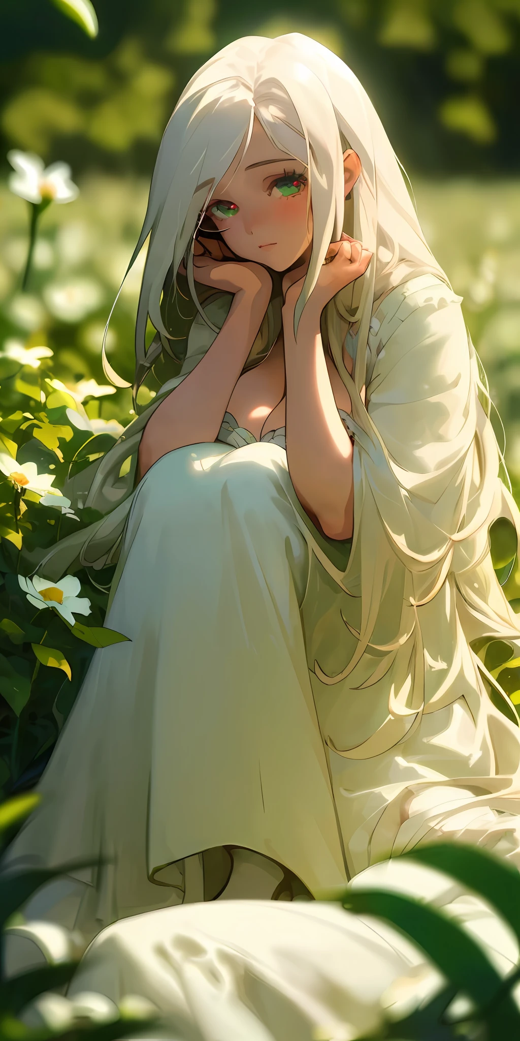 (masterpiece, best quality), 1 girl with long white hair sitting in a field of green plants and flowers, big breasts, beautiful eyes, looking at the camera, her hands under her chin, warm lighting, white dress , fuzzy foreground, rich details, delicate painting style