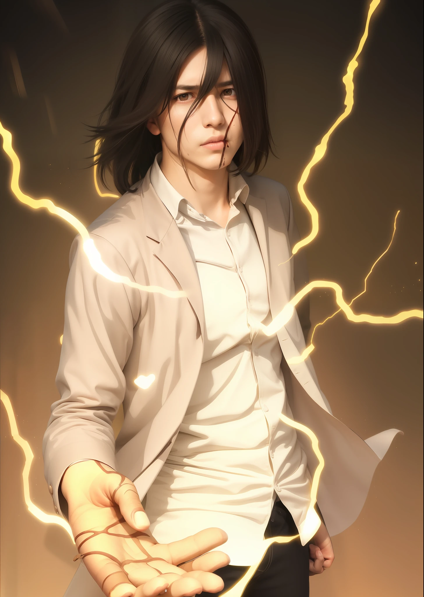 best quality, masterpiece, (realistic: 1.2), 1 man, Eren Jaeger, real life, live action, black jeans, black pants, brown hair, attack on Titan, sunset background, black jacket, slim body, high definition, high quality, lighting, thunder, looking at screen, hand with blood, gigachad, serious look