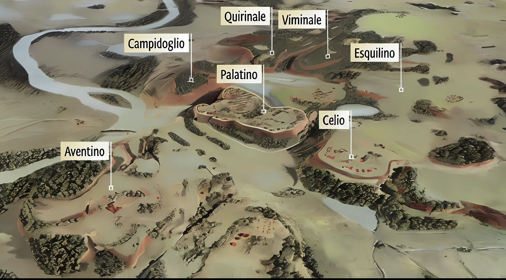arafed map of a city with a river and a river running through it, detailed annotated painting, overview, millennia ago, from italica, aerial illustration, distant battle of cannae 216 bce, isometric view, drawn image, aerial view of an ancient land, mappa, close view, paleolithic painting, an illustration of, close portrait