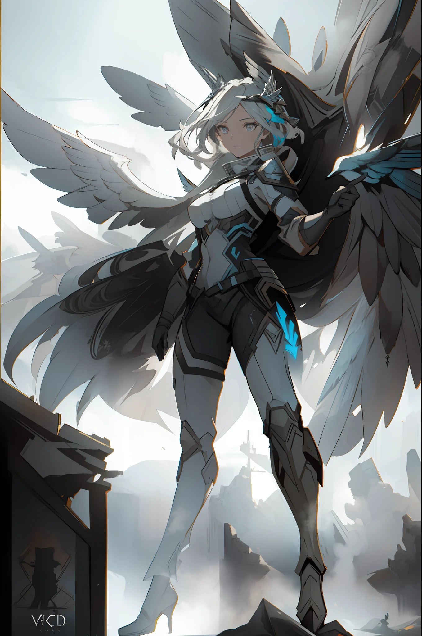 Valkyrie, from Norse Mythology, long retracted wings, high contrast, hyper detailed, in battlefield smoke, perfect eyes, full body, (dynamic and expressive pose), perfect anatomy, centered, freedom, soul, approximation to perfection, cell shading, 4k, dramatic cinematic atmosphere, oil painting, global lighting, detailed and intricate environment, artistic station, concept art, fluid and sharp focus, volumetric lighting, cinematic lighting