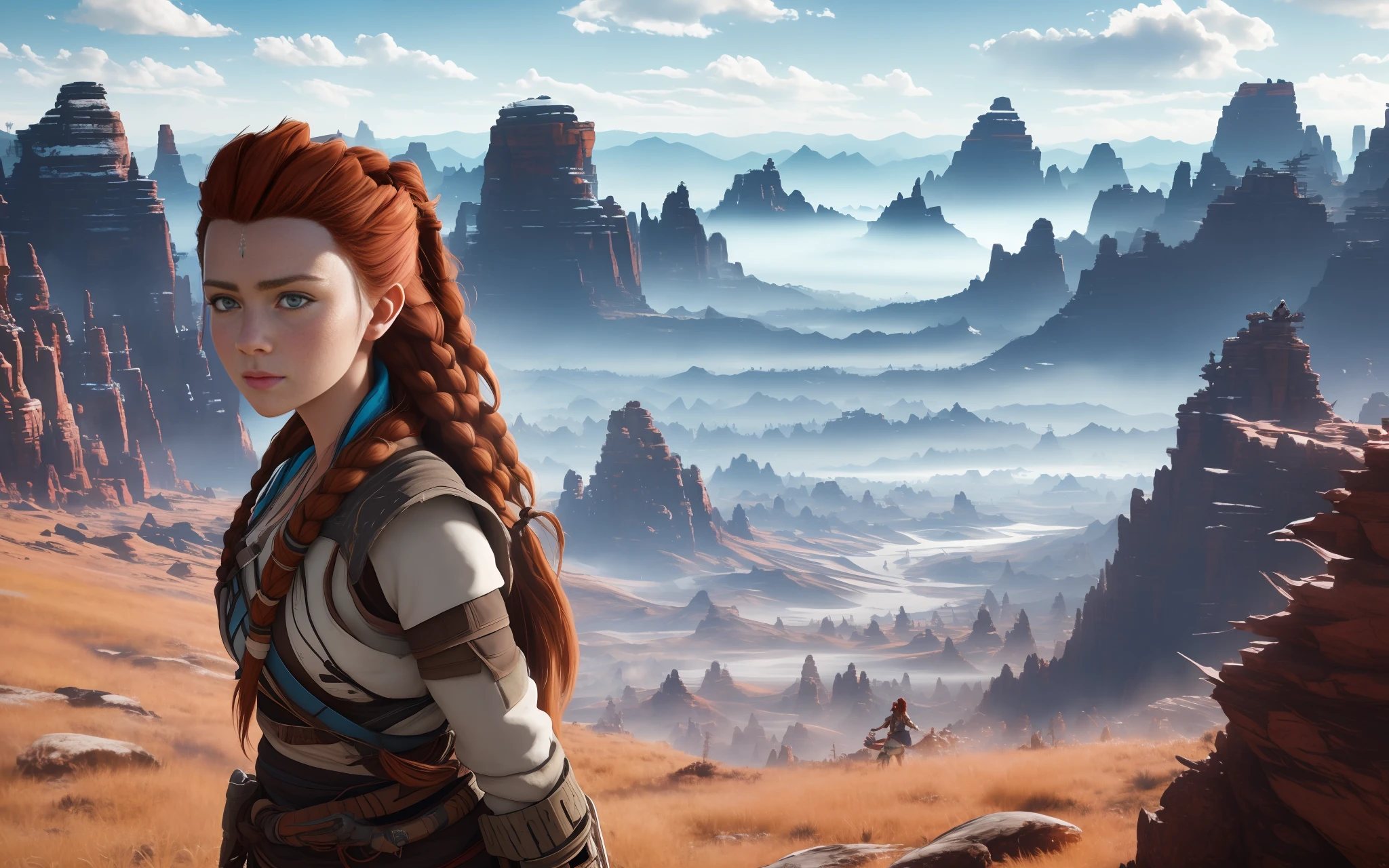 beautiful background,epic movie poster,professional photo, a beautiful Aloy from horizon zero down , on a top of a mountain, background for wallpaper, shutterstock style, beautiful clear natural lighting, professional lighting, dramatic lighting, FOV, depth of field