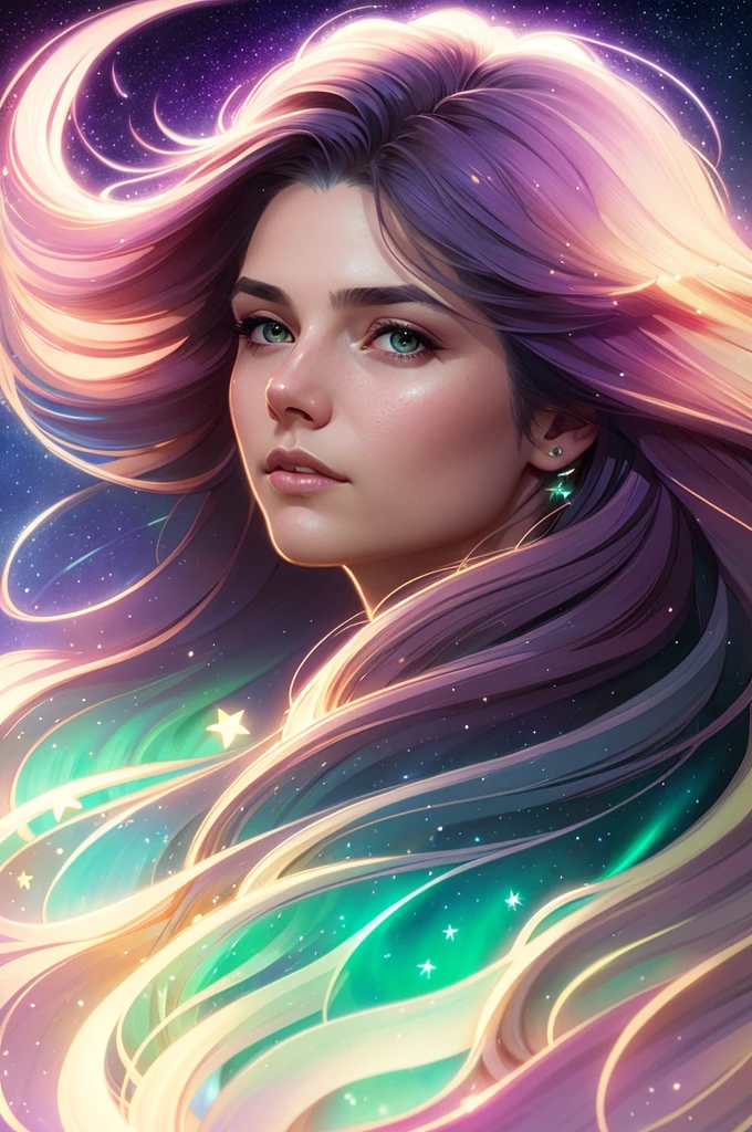 aurora, woman with extra long hair, hair turned into bright stars, intricate, highly detailed, digital painting, artstation, concept art, smooth, sharp focus, illustration, unreal engine 5, 8k, artgerm and greg rutkowski and alphonse mucha the art of