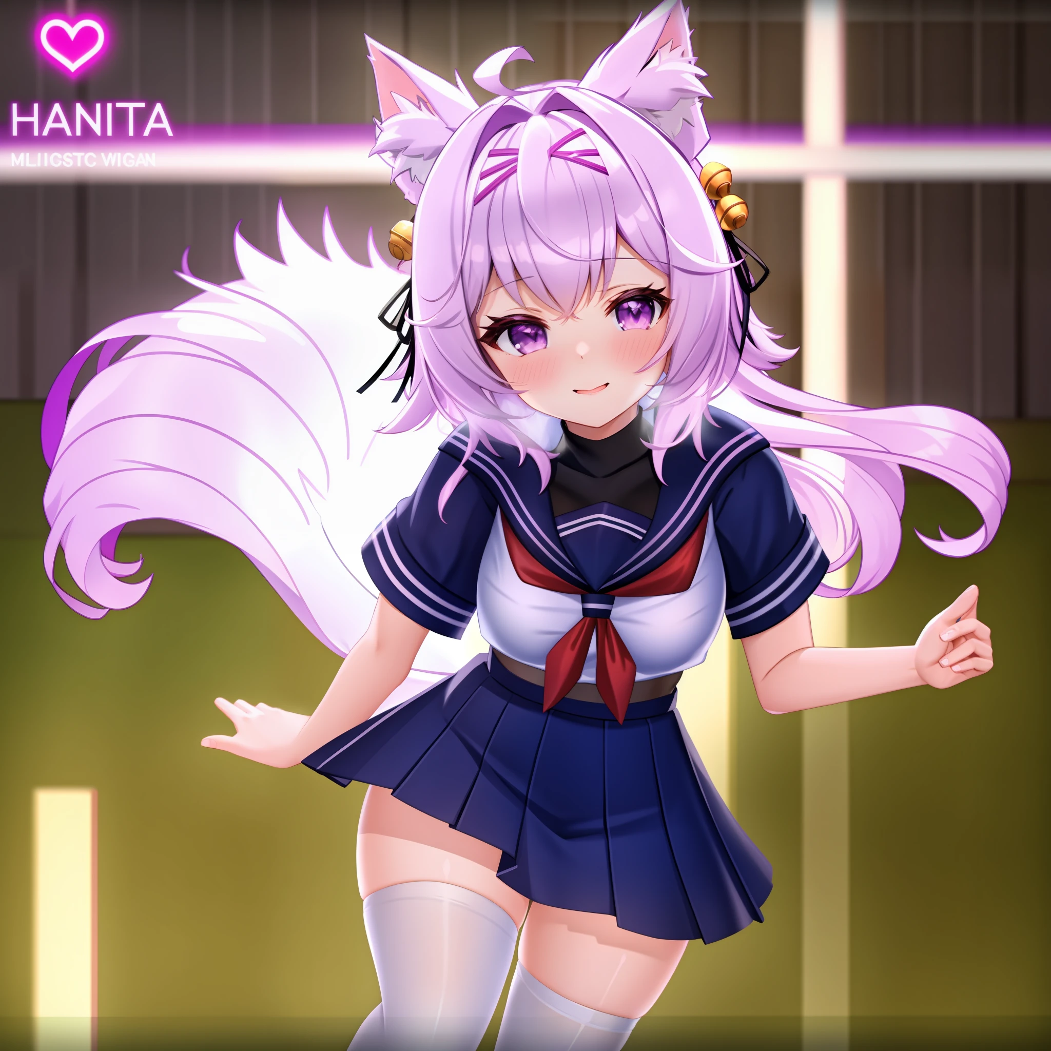Filian, cat ears, fluffy cat tail, masterpiece, best quality, CG, wallpaper, HDR, high quality, high-definition, extremely detailed, close up, solo, dynamic pose, full body, small breast, cute face, hair tie, bells in hair, school uniform, hdr, ray tracing, nsfw, purple eyes, seductive look, heart eyes, looking at viewer, blush, stripping, ((forest background))