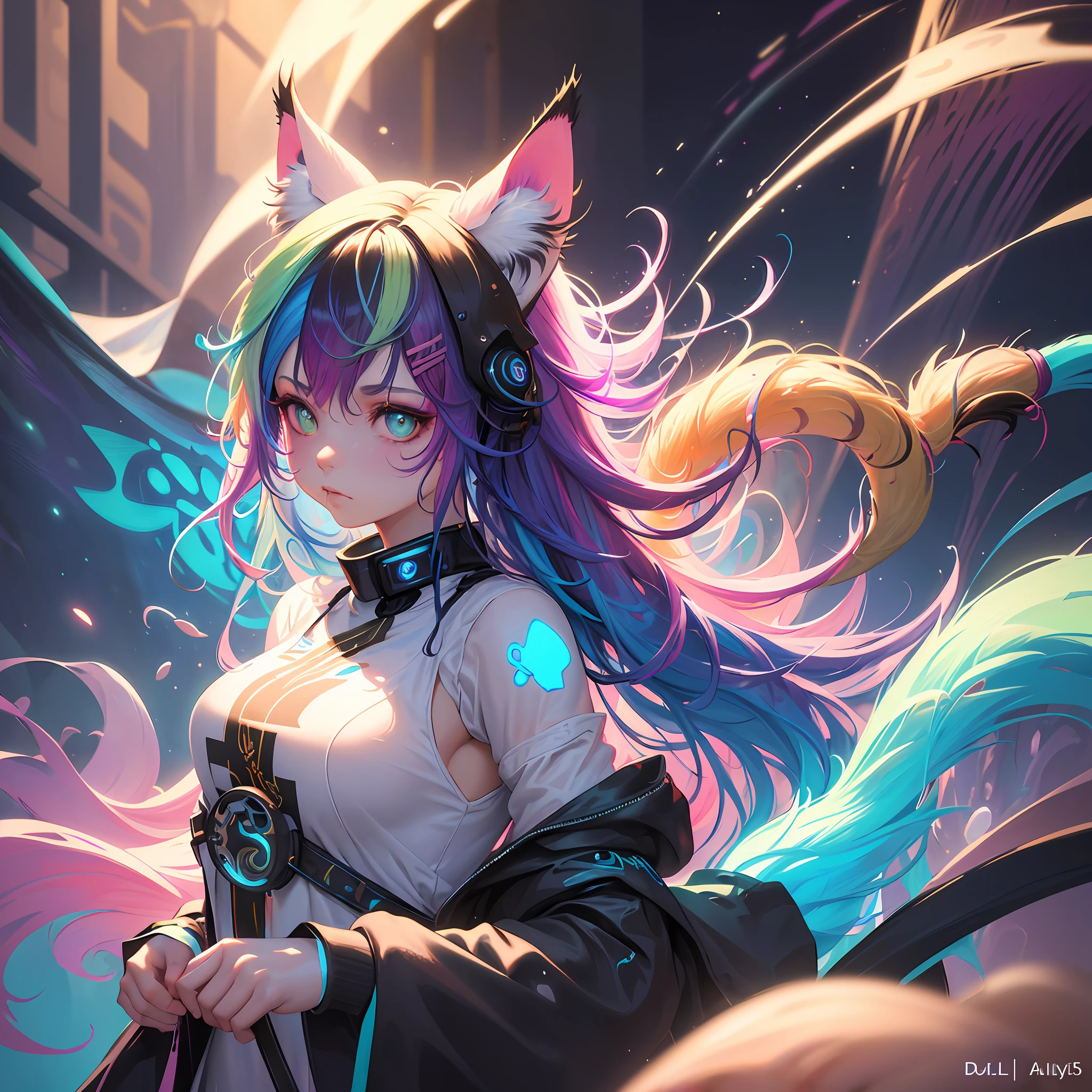 (Masterpiece:1.2), best quality, (illustration:1.2), (ultra-detailed),Eye focus,(Masterfully crafted Glow, pink lens flare), (Cinematic background), hyper details,(delicate detailed), (intricate details), octane render, hdr, (hyperdetailed:1.15), (((colourful))),(soft light:1.2), 1girl,(lynx ears:1.3) , (lynx girl), (cat tail:1.5), beautiful girl, ultra detailed eyes, mature, plump, thick, rainbow painting drops, paint teardrops, woman made up from paint, entirely paint, splat, splash, (outside), (bioluminescent hair:1.5),(glowing eyes:1.2), ((makeup)),(Cinematic masterpiece), fierce, powerful, splashes of colour absolutely eye-catching, (Cinematic headlight), (realistic bounce lighting:1.2),((caustic)), dynamic angle, beautiful detailed glow, ambient occlusion, ambient light, raytraced reflections,(best illumination, an extremely delicate and beautiful), ((cinematic light)), (soft:2), (whimsical:2) , intricate background, vibrant, dreamscape, (painting graffiti:1.3), (expressive:1.2), good form, athletic , (mirrored world), (long flowing black hair:1.1), wavy hair, (colourful hair highlights),(Cyberpunk Streetwear Kanji Joggers), glowing headphones, beanie, (graffiti wall), unfinished graffiti, ghetto,(looking at viewer), (backwall present), (colourful mist),cyberpunk art, (by LAM), Mika Pikazo, graffiti,(Dual colour hair:2),(Blue hair),A beautiful girl with purple hair and a green ,wearing a short T-shirt with a tattoo on her stomach، Cyberpunk buildings background head and shoulders portrait, 8k resolution concept art portrait by Greg Rutkowski, Artgerm, WLOP Alphonse Mucha dynamic lighting hyperdetailed intricately detailed Splash art trending on Artstation triadic colors Unreal Engine 5 volumetric lighting
