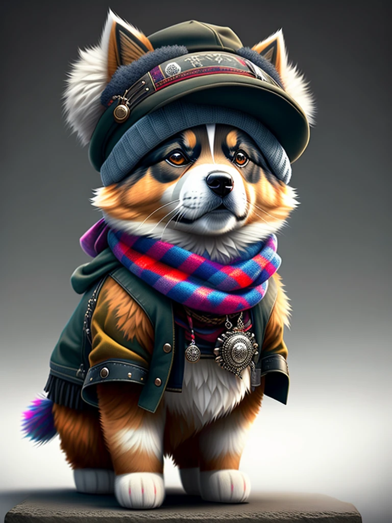 image of cute himalayan shepherd dog with hat and scarf, art season trend, dressed in punk clothes, hyper realistic detailed rendering, british gang member, urban style, intimidating pose, planet of cats, fashion clothes, urban samurai, meow, west slavic traits, 8 1 5