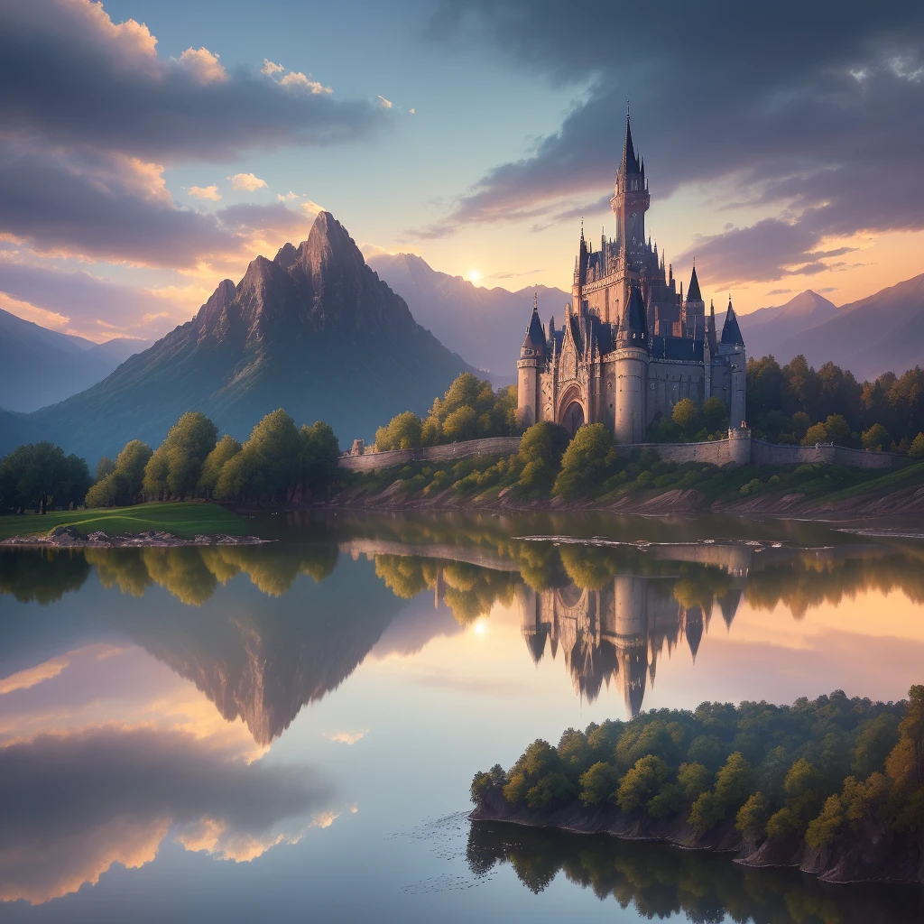 Masterpiece, best quality, high quality, extremely detailed CG unity 8k wallpapers, landscapes, perfect reflections, stunning water surfaces. Outdoors, sky, clouds, dusk, no humans, castle, gothic, visual paradox. Break through the imagination, breathtaking, mountains, landscapes, water, trees, blood moons, waterfalls, cliffs, nature, lakes, rivers, cloudy skies, details enhanced, details enhanced, flawless. award winning photography, bokeh, depth of field, hdr, bloom, chromatic aberration, photorealism, highly detailed, intricate, high detail, dramatic, magic castle
