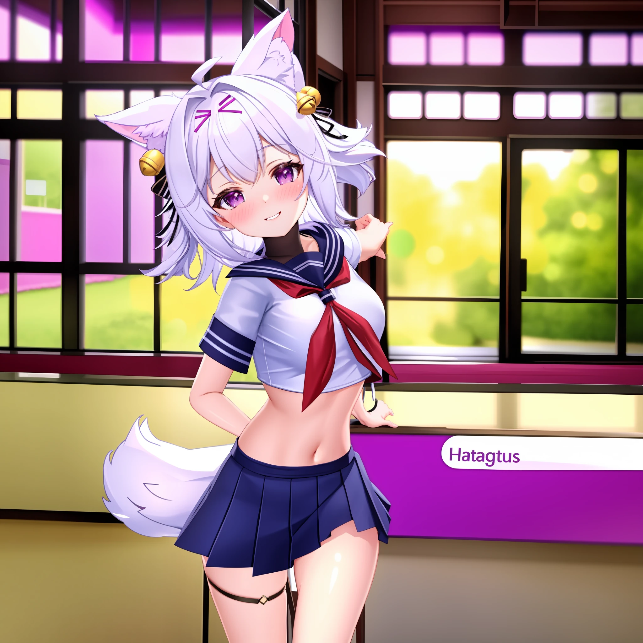 Filian, cat ears, fluffy cat tail, masterpiece, best quality, CG, wallpaper, HDR, high quality, high-definition, extremely detailed, close up, solo, dynamic pose, full body, small breast, cute face, hair tie, bells in hair, school uniform, hdr, ray tracing, nsfw, purple eyes, seductive look, heart eyes, looking at viewer, blush, stripping, ((forest background))