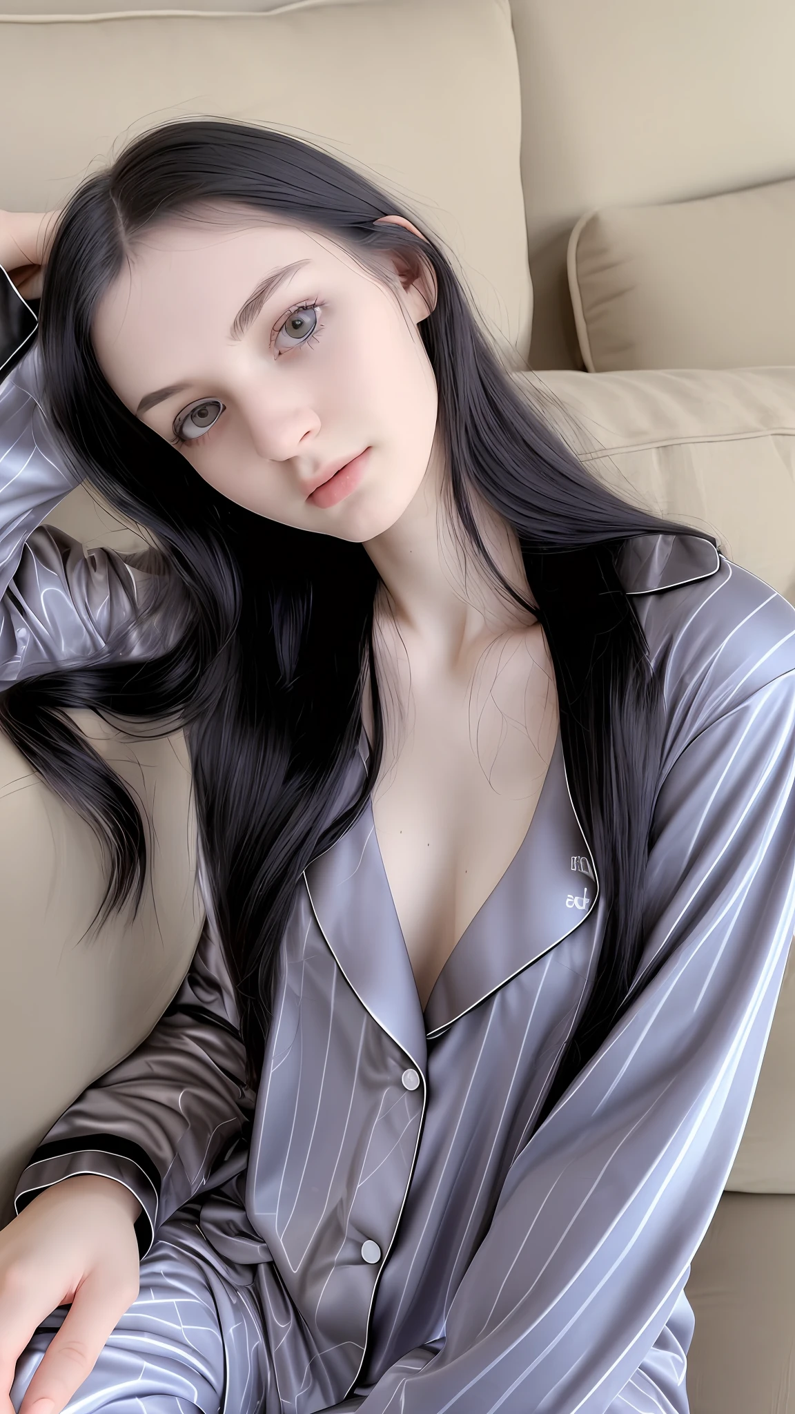 RAW photo of a 20 y.o woman, average looking person, black hair, alternative style, e-girl, grunge, ((wearing pajamas)), sleepy eyes, (pale skin), (detailed face), thin body, large breasts, ((half body)), ((lying on the couch)), resting, (high detailed skin:1.2), 8k uhd, dslr, soft lighting, high quality, film grain, Fujifilm XT3