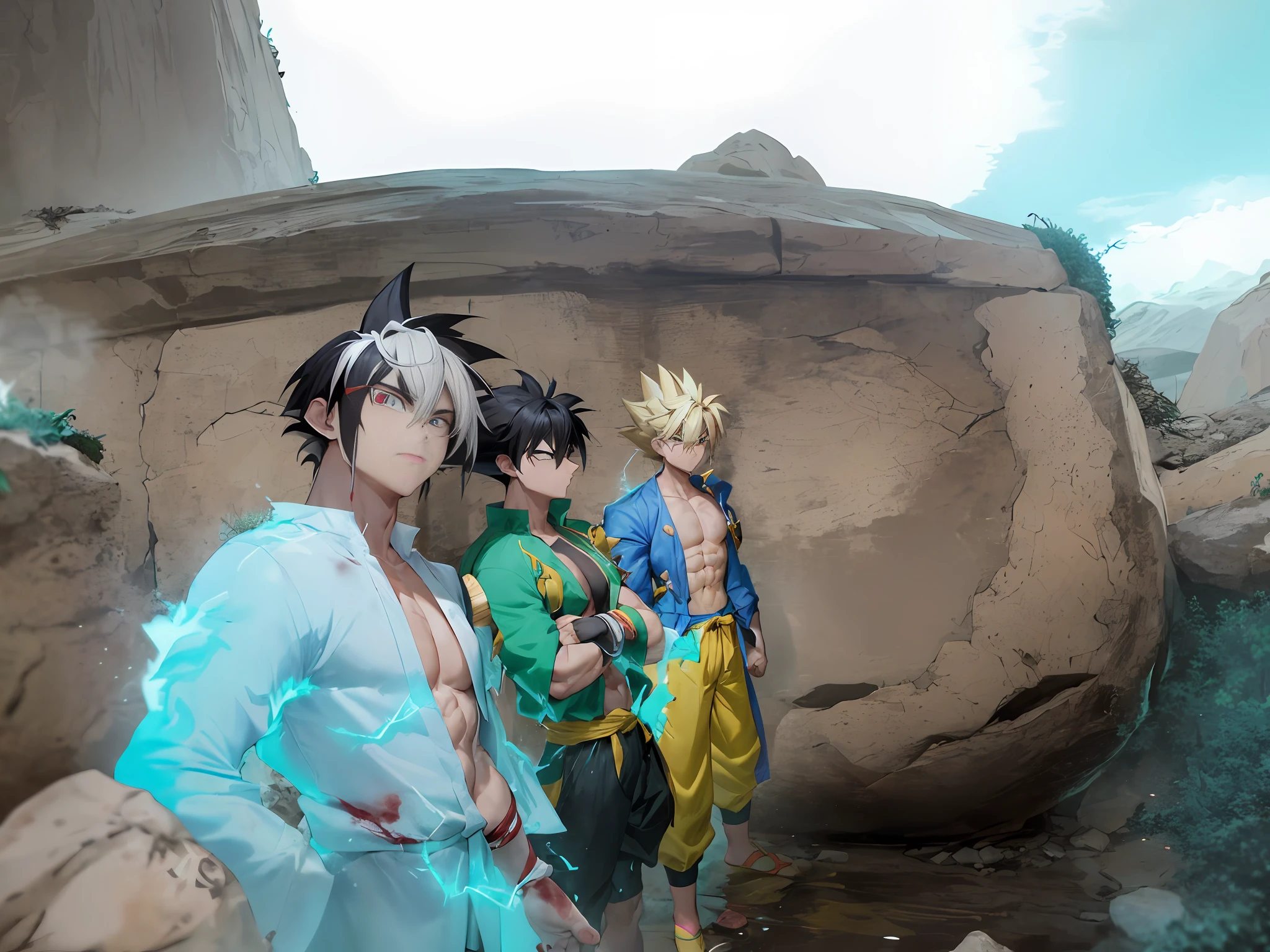 son goku, 3boys, artist name, biceps, blonde hair, blood, blood from mouth, blue sash, blue wristband, clenched hands, closed mouth, collarbone, dougi, electricity, energy, floating rock, frown, green eyes, looking at viewer, male focus, muscular, muscular male, pectorals, ribs, rock, sash, scratches, serious, solo, spiked hair, super saiyan, super saiyan 1, topless male, torn clothes, v-shaped eyebrows, wristband, ((masterpiece))