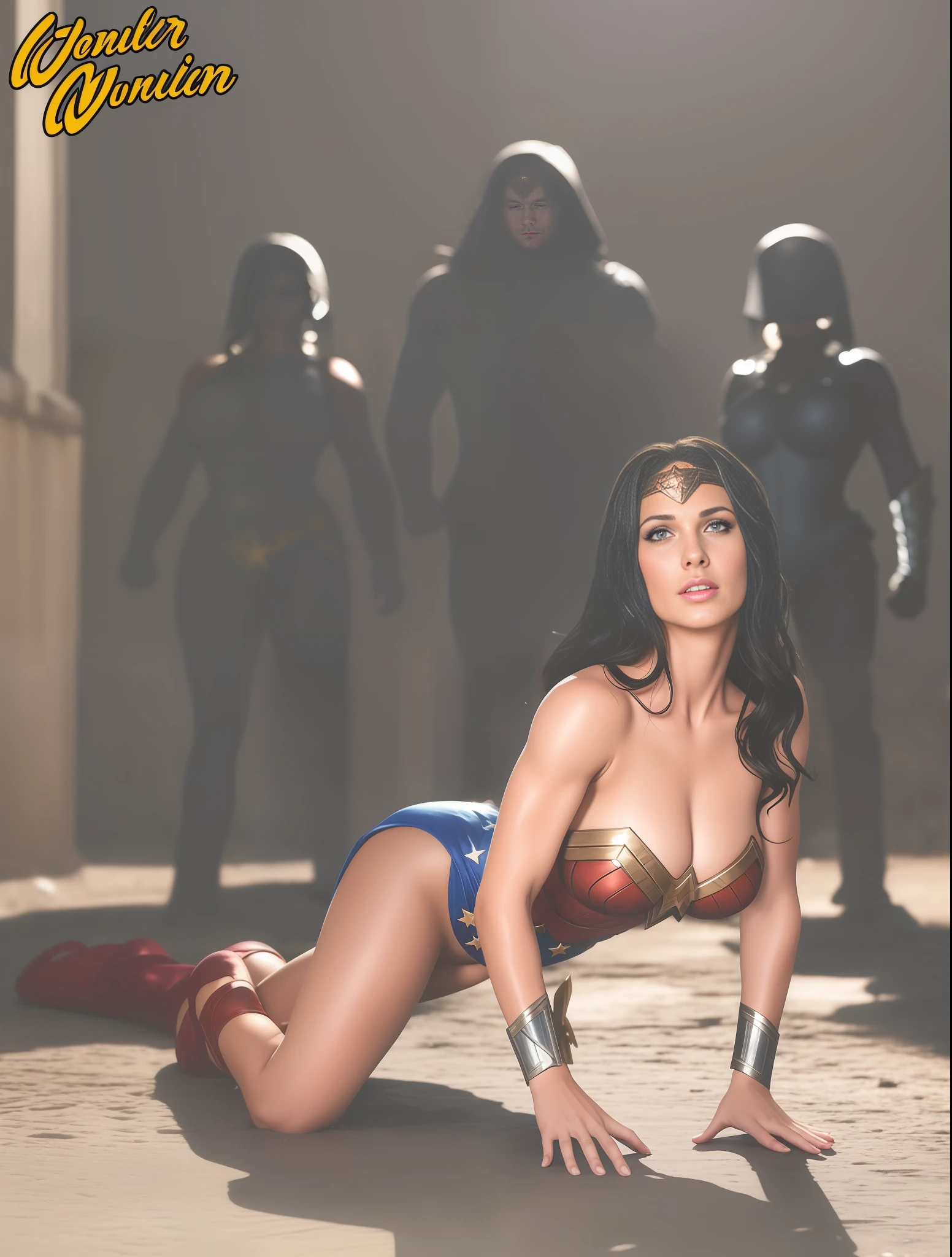 Wonder Woman wearing a Wonder Woman costume, lying on her knees on the asphalt, Wonder Woman, 3 men stand behind her, realistic street scenery with (blurred background, depth of field), cartoon style, correct perspective, ( Depth of Field:1.2), Texture, Defined, Atmospheric, Soft Cinematic Lighting, Adobe Lightroom, Photolab, (hdr:1.2), Highly Detailed, Cinematic, Dramatic Lighting, (Complex Detail:1.1), Epic, Scary Mood [ (Wonder Woman), tiara, leotard, jewelry, star \(symbol\), bare shoulders, cleavage, strong realistic blue eyes, realistic black hair, lips, long hair, makeup, natural skin texture, slightly suntanned skin Toned, realistic, muscular body (Muscle:1.2), ((Strong and fit body)), (( (Additional) muscle))), (Large breasts:1.2) Small waist, (Perfect big hips and wide hips:1.2) , (detailed skin), ((dirty)), (wet skin), sweating, (wet body), (beautiful and sexy woman), (looking at viewer:0.5), (puffy lips:0.9), girl, (eyelashes) :1.2), striking facial features, delicate hair, amazingly beautiful, extremely delicate skin, sweaty skin, perfect soft curves, perfect body, perfect breasts, perfectly wide hips, full lips, extremely delicate muscle definition ]