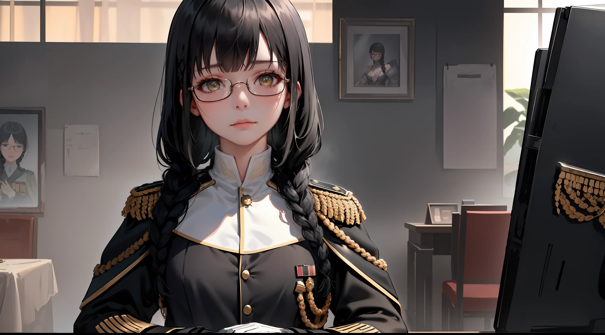 Modest outfit, remote shot, detailed beautiful delicate face, detailed beautiful delicate eyes, perfect facial proportions, high-definition skin, fine skin, four-inch best ratio. With one thumb, a masterpiece, highly detailed, realistic, (World War II German general uniform reference : 1.8), the highest face resolution, adult, modestly dressed woman, dressed entirely, ( small, black hair, black straight bangs, super fine braids, straight bangs, red glasses, dark green eyes), future, science fiction, fighter plane, standing On the landing of a fighter plane, the government agency, a deep intelligent personality, a calm expression, a respectful face, a war, a fighter plane