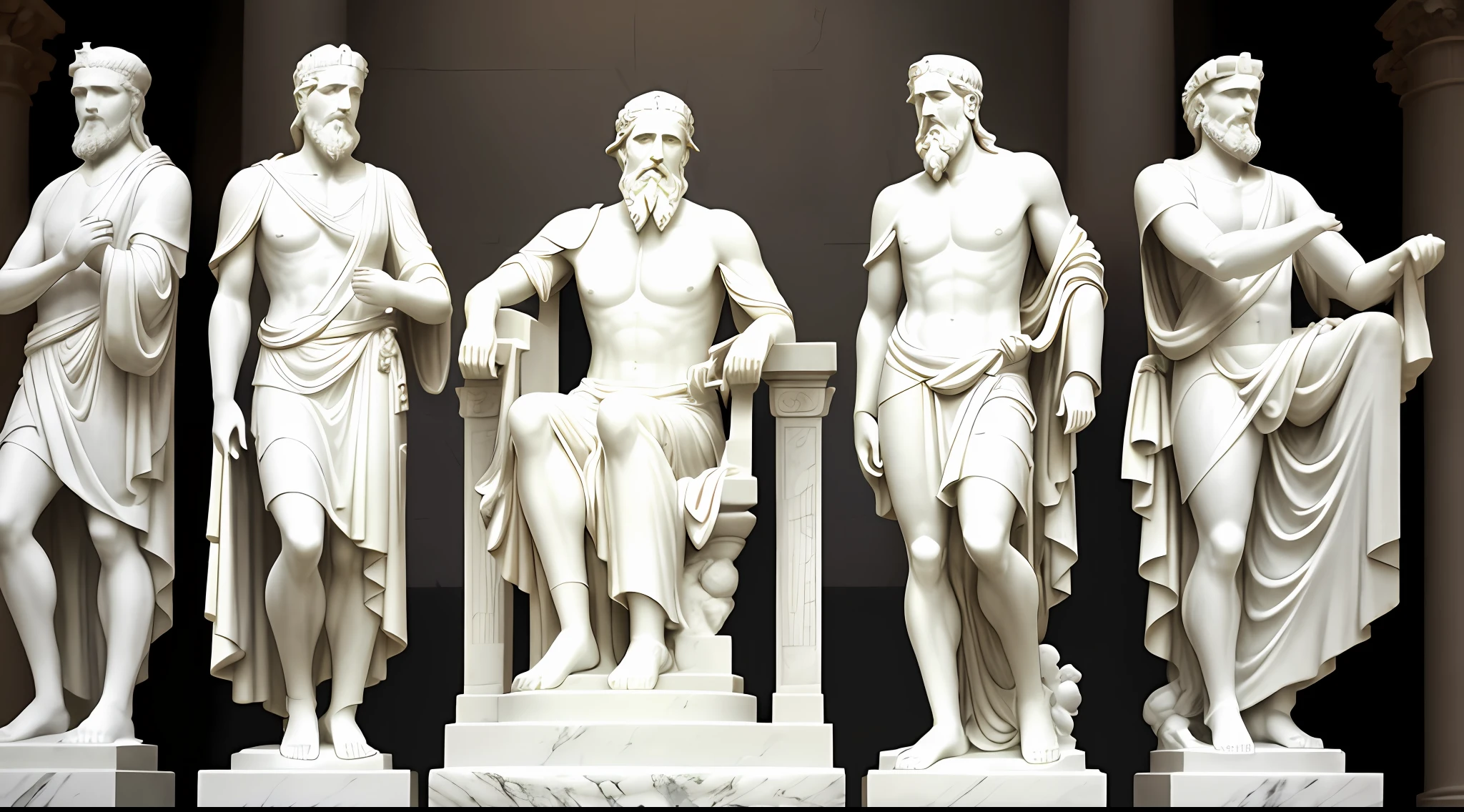 Philosophers Zeno of Citium, Cleanthes, Chrysippus, Seneca, Epictetus and Marcus Aurelius, Hellenistic style carrara marble sculpture