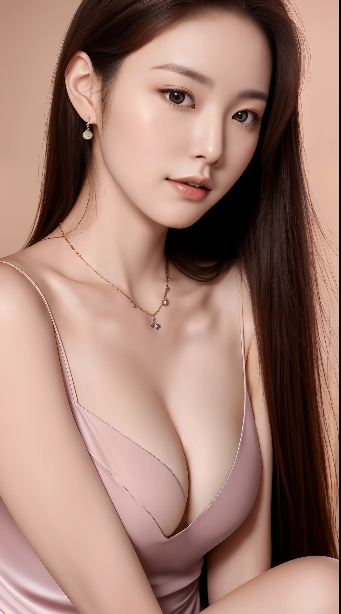 Realistic photo of (1 cute Korean actress) long straight hair, thin makeup, medium breasts, long dress, necklace, photo studio backdrop, close up, Canon EOS clear facial features 8K high resolution, sharp detail, realistically