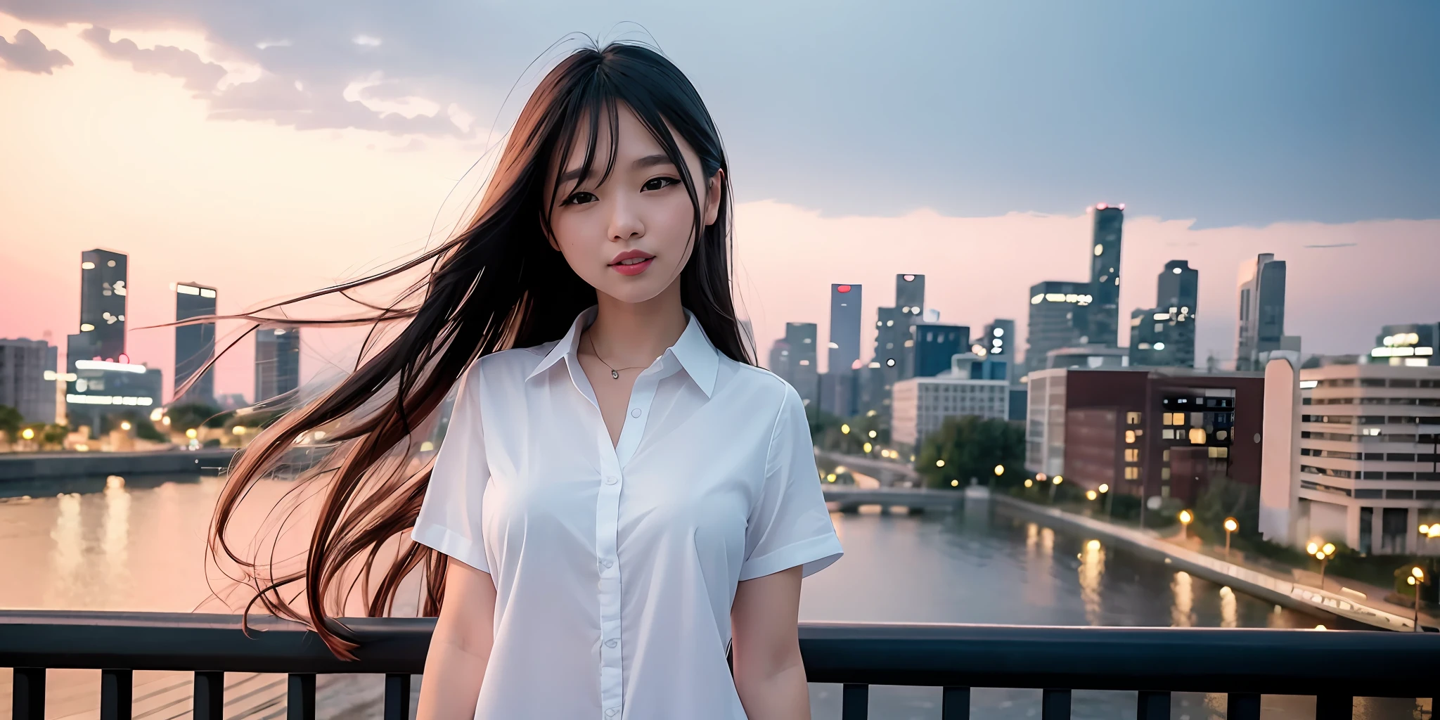 8K, best quality, masterpiece: 1.2), super detail, 1 girl, cute, independent, beautiful detail sky, city bridge, afternoon, standing, (red nose), sweet smile, (smile: 1.15), (Close-up) small tits, color contact lenses, (collared shirt: 1.1), girl, Korean style, wet body, student shirt, rain, long hair, flowing hair, NovaFrog style, upper body, cityscape