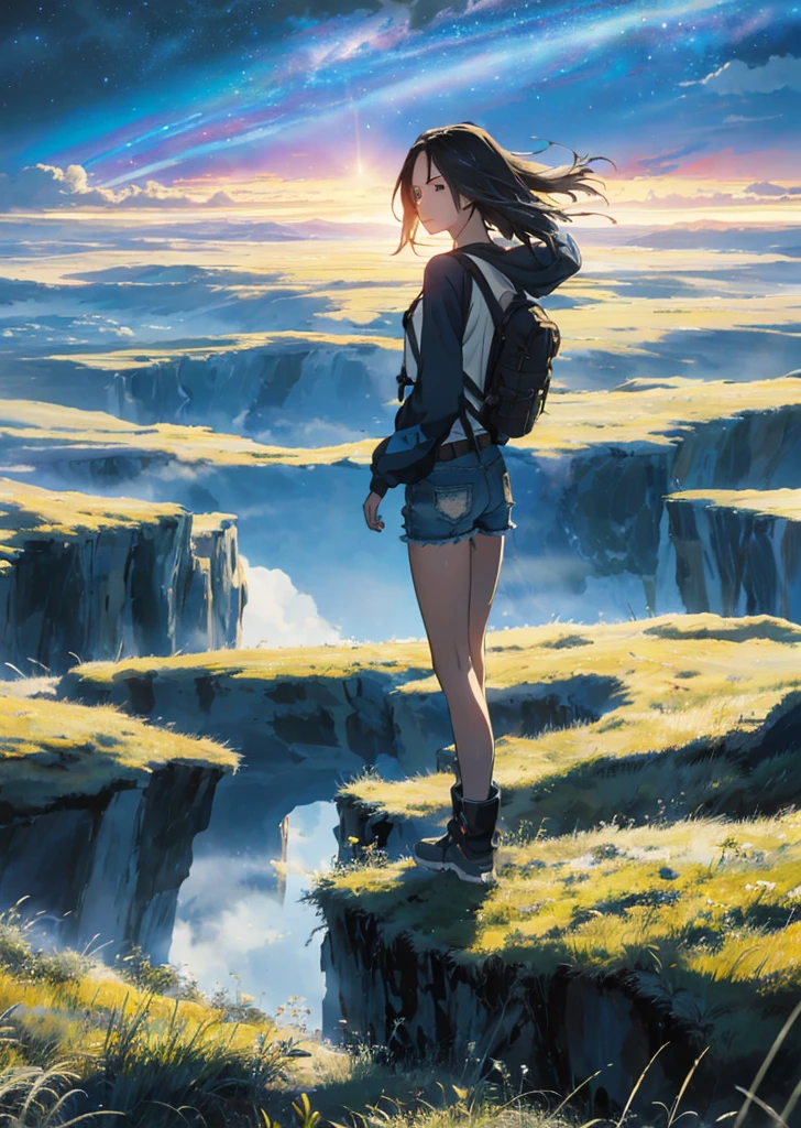 The vast sky, beautiful skyline, large grasslands, extremely tense and dramatic pictures, moving visual effects, the high-hanging Polaris, colorful natural light, and star-studded. Long-sleeved top, denim shorts, and a girl with a backpack.