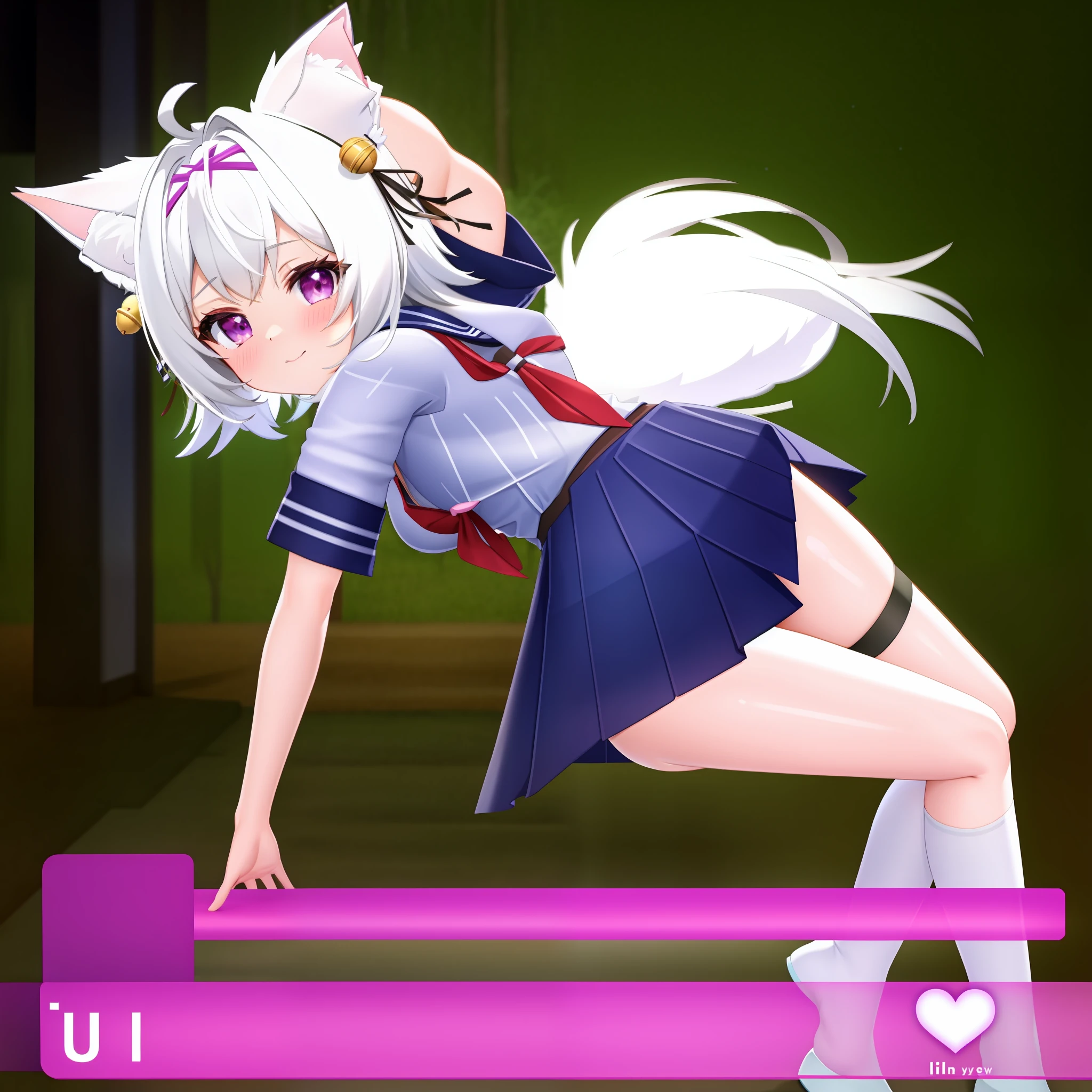 Filian, cat ears, fluffy cat tail, masterpiece, best quality, CG, wallpaper, HDR, high quality, high-definition, extremely detailed, close up, solo, dynamic pose, full body, small breast, cute face, hair tie, bells in hair, school uniform, hdr, ray tracing, nsfw, purple eyes, seductive look, heart eyes, looking at viewer, blush, stripping, ((forest background))