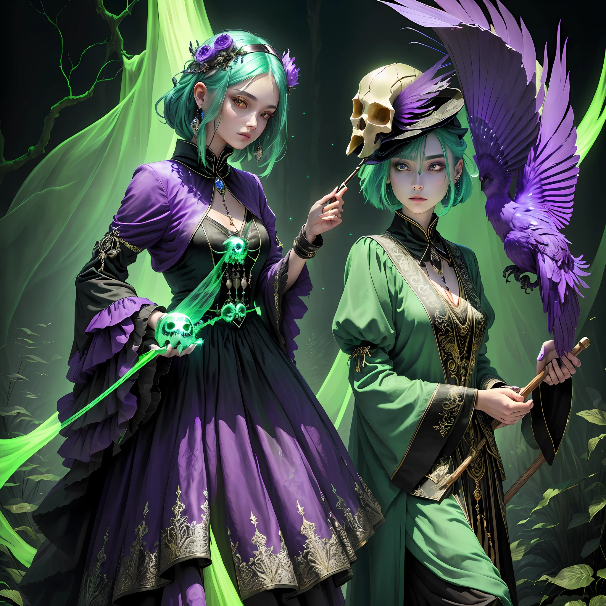 Humanoid female bird in velvet with fish skull on cane, green glowing eyes, two hands, looking gentle, wide purple swamp in background, glitter, glowing plants